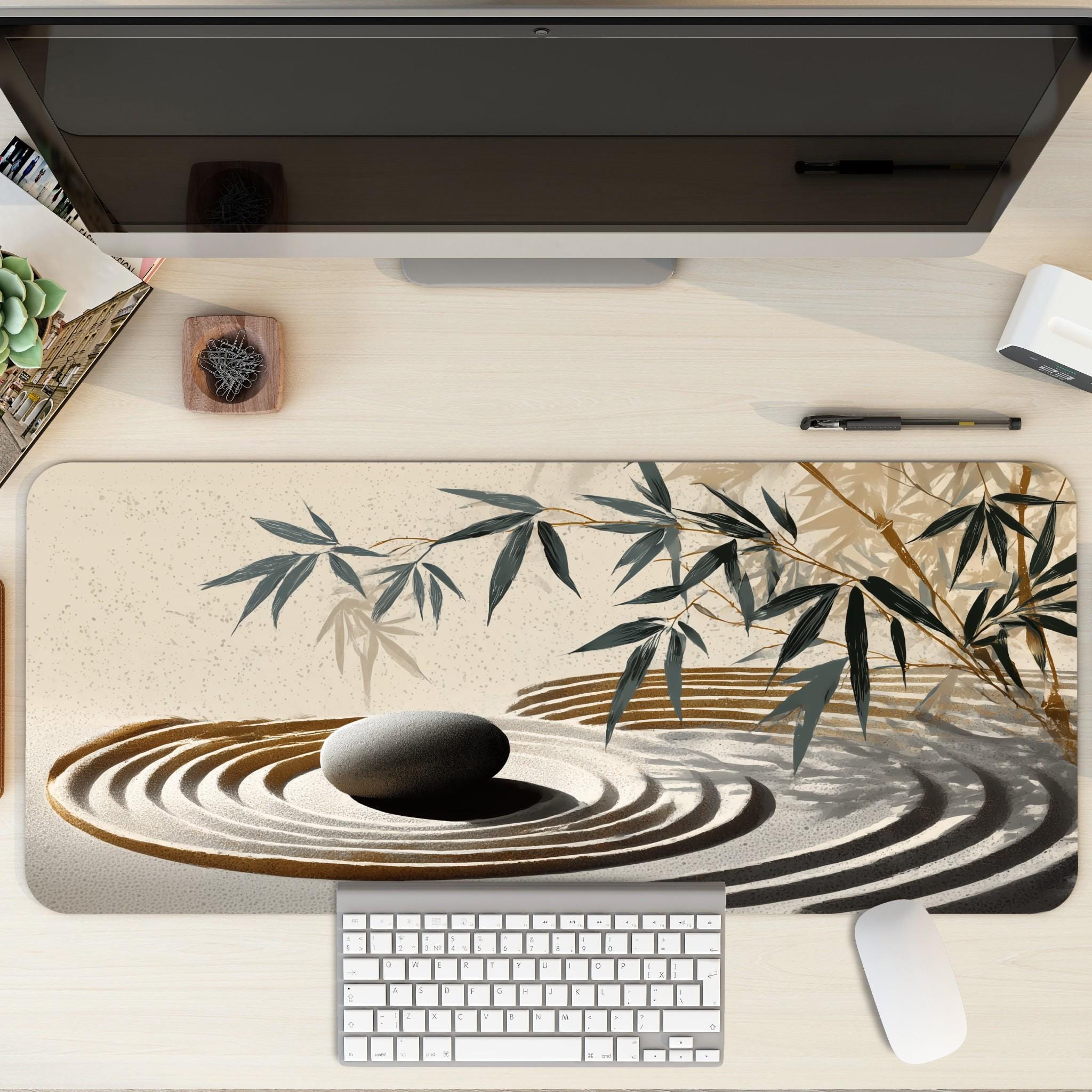 Japanese Zen Garden Desk Mat | Bamboo Decor, Serene Japanese Minimalist Design | Cozy Art Workspace