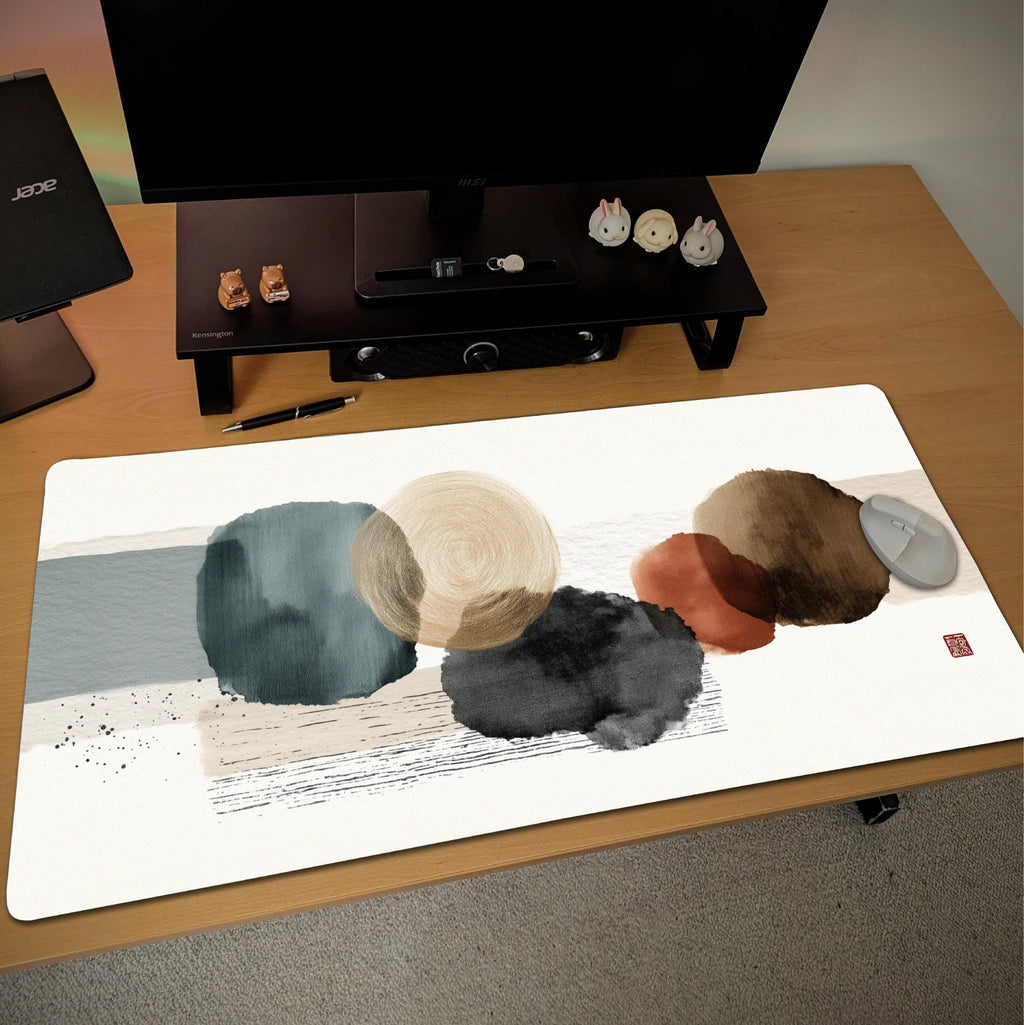 Wabi Sabi Abstract Desk Mat | Large Japanese Style Mouse Pad | Boho Ink Art Desk Pad for Aesthetic Desk Decor