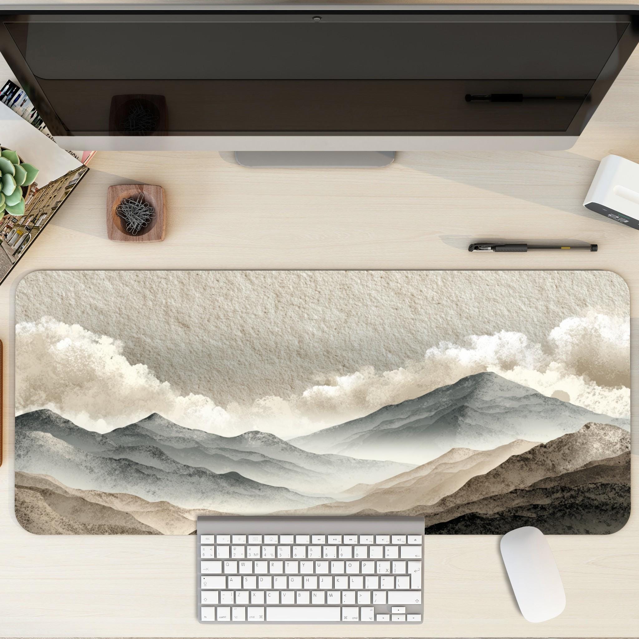 Japanese Mountain Desk Mat | Large XL Minimalist Mouse Pad | Soft Beige Grey Ink Landscape Art Desk Pad