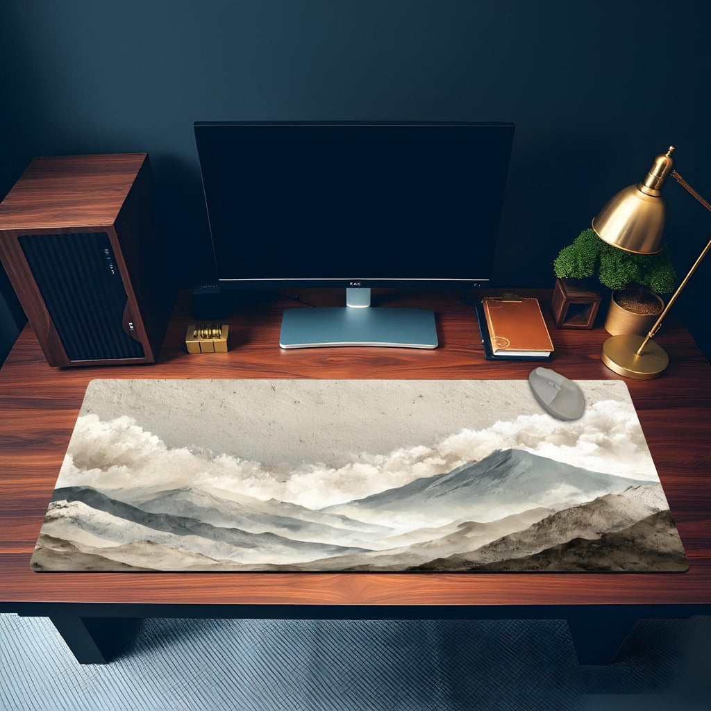 Japanese Mountain Desk Mat | Large XL Minimalist Mouse Pad | Soft Beige Grey Ink Landscape Art Desk Pad
