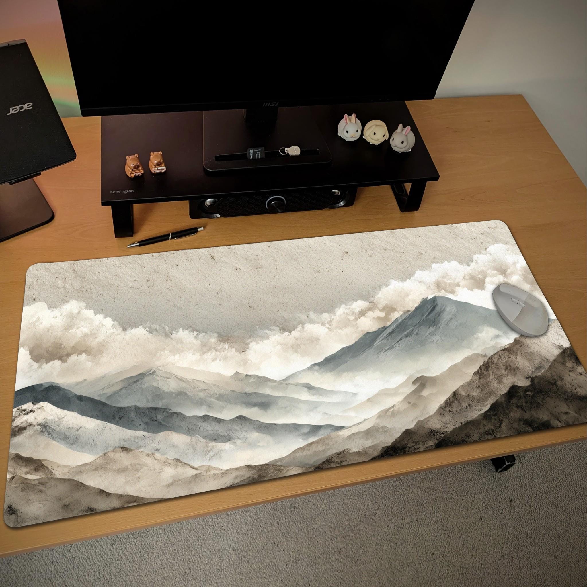 Japanese Mountain Desk Mat | Large XL Minimalist Mouse Pad | Soft Beige Grey Ink Landscape Art Desk Pad