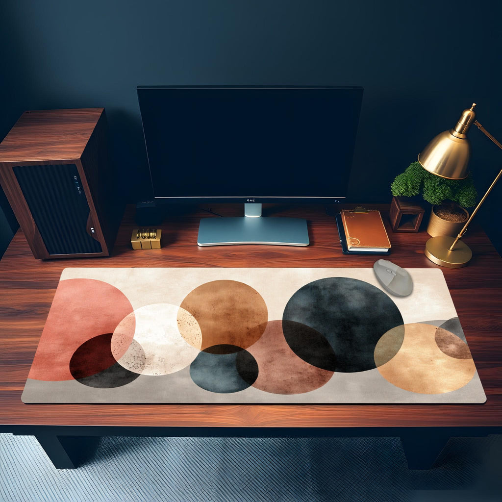 Abstract Circles Desk Mat | Modern Minimalist Mouse Pad | Geometric, Earth Tone Gaming Pad | Contemporary Workspace Art