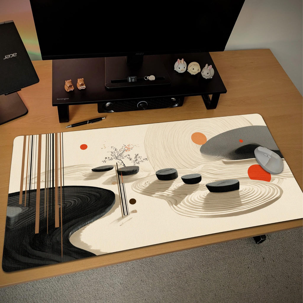 Japanese Zen Garden Desk Mat | Minimalist Large Mouse Pad | Beige Black Abstract Desk Pad, Aesthetic Workspace