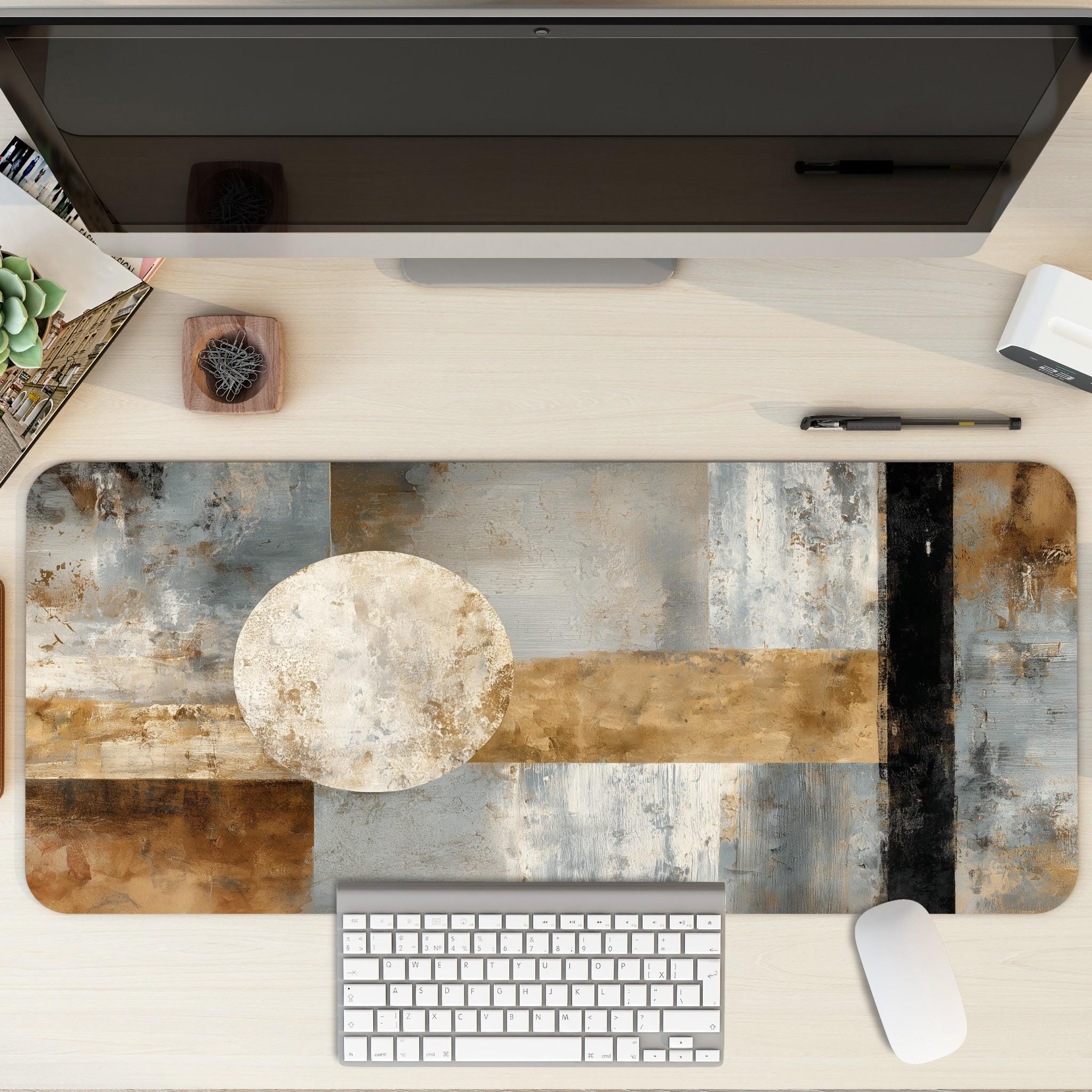 Industrial Abstract Desk Mat | Modern Geometric Mouse Pad | Neutral Textured Decor | Contemporary Art Gaming Pad | Minimalist Workspace
