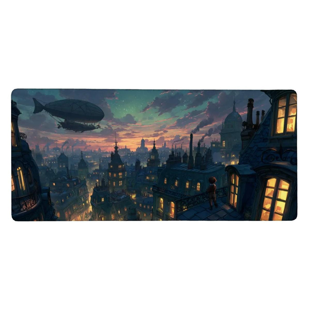 Fantasy Rooftop Desk Mat | Victorian Steampunk Skyline Mouse Pad | Blue Night Sky Cityscape Desk Pad for Gaming & Cozy Office