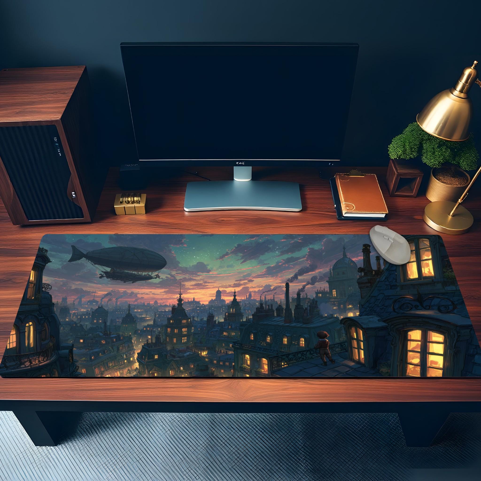 Fantasy Rooftop Desk Mat | Victorian Steampunk Skyline Mouse Pad | Blue Night Sky Cityscape Desk Pad for Gaming & Cozy Office