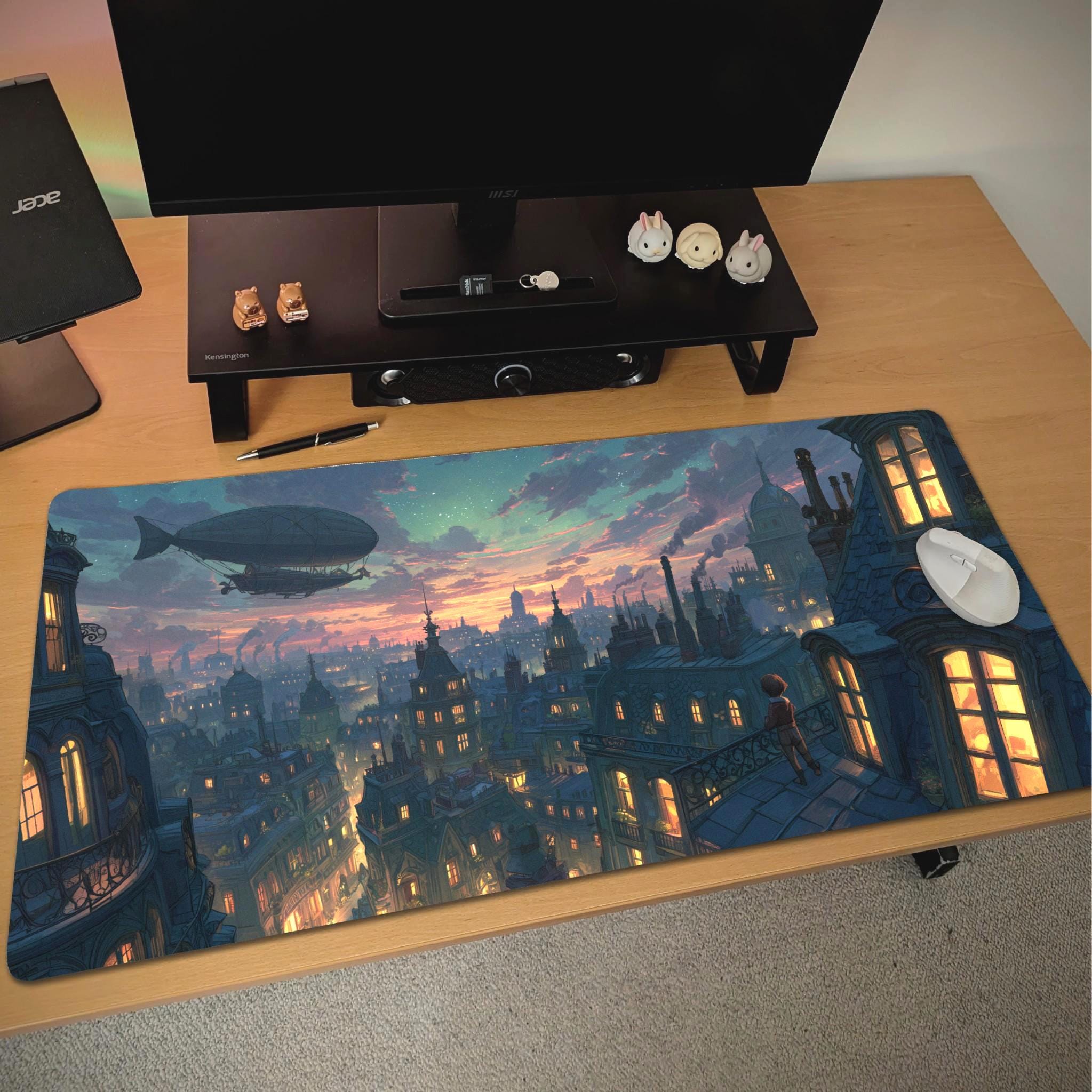 Fantasy Rooftop Desk Mat | Victorian Steampunk Skyline Mouse Pad | Blue Night Sky Cityscape Desk Pad for Gaming & Cozy Office