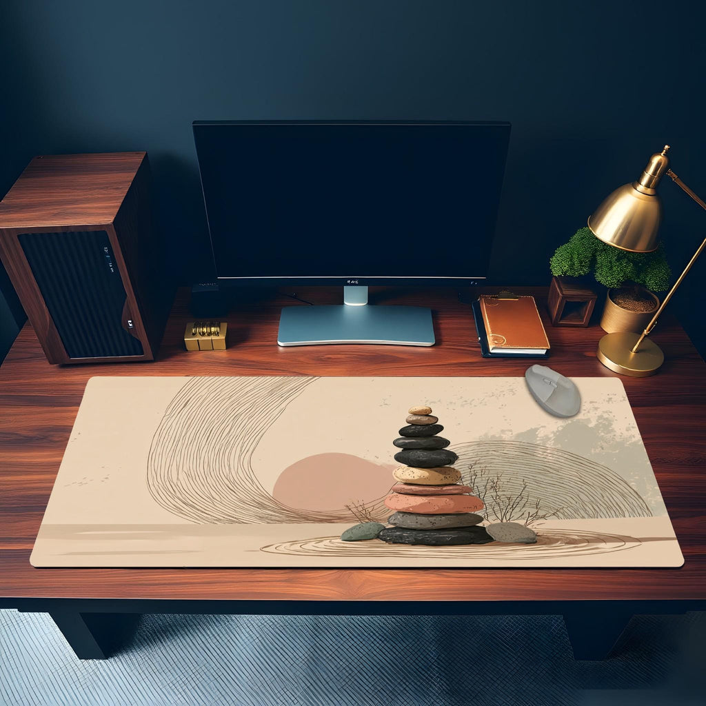 Boho Stone Art Desk Mat | Scandi Minimalist Mouse Pad with Dusty Pink Accents