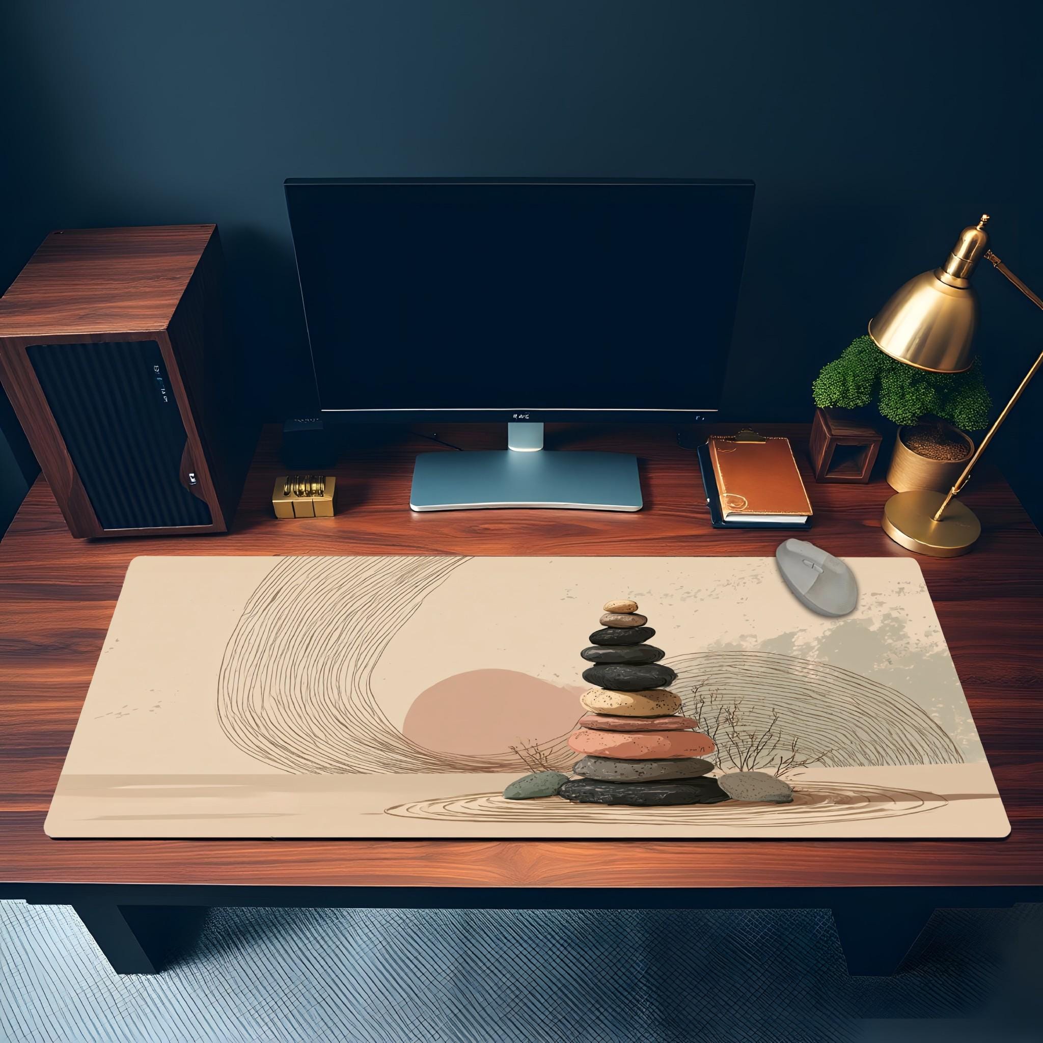 Boho Stone Art Desk Mat | Scandi Minimalist Mouse Pad with Dusty Pink Accents