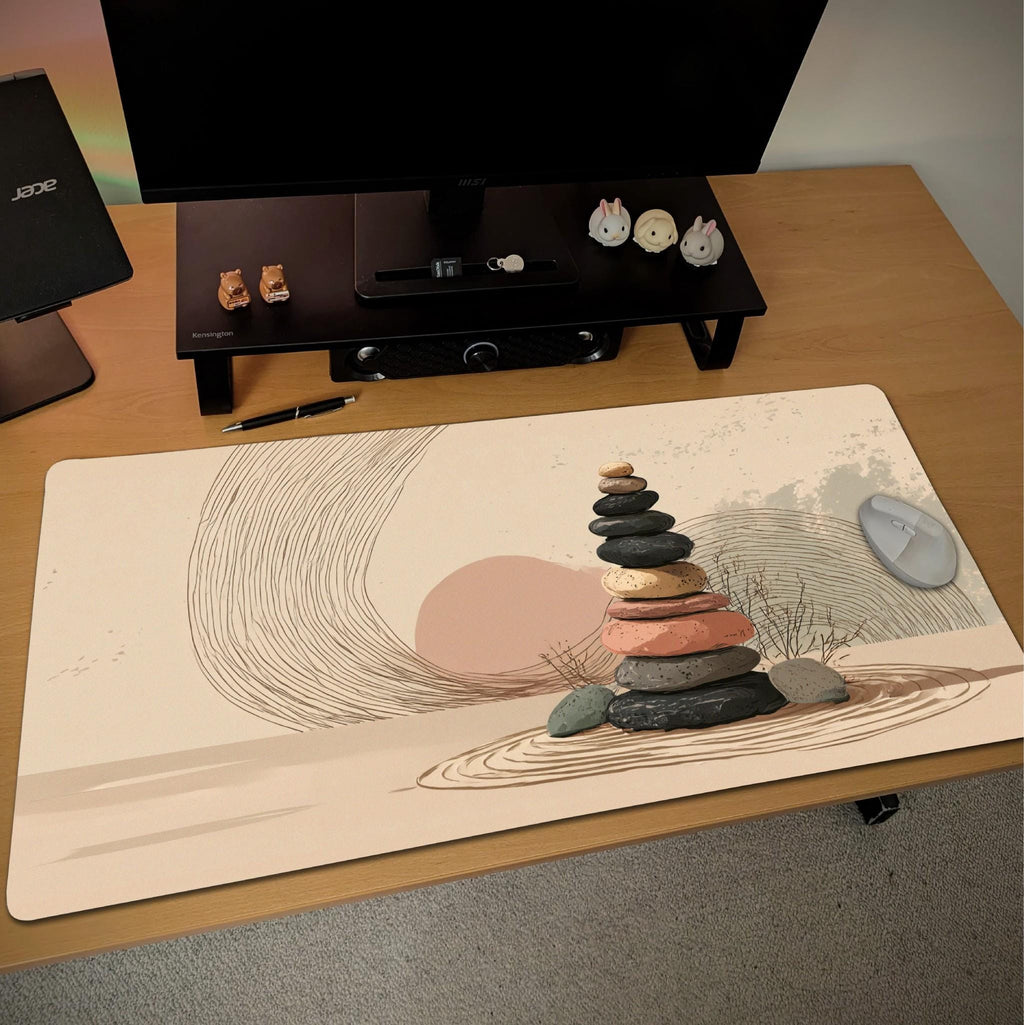 Boho Stone Art Desk Mat | Scandi Minimalist Mouse Pad with Dusty Pink Accents