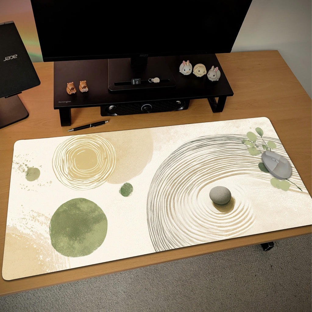 Sage Green Zen Circle Desk Mat | Watercolor Boho Mouse Pad with Spiral Sand Patterns