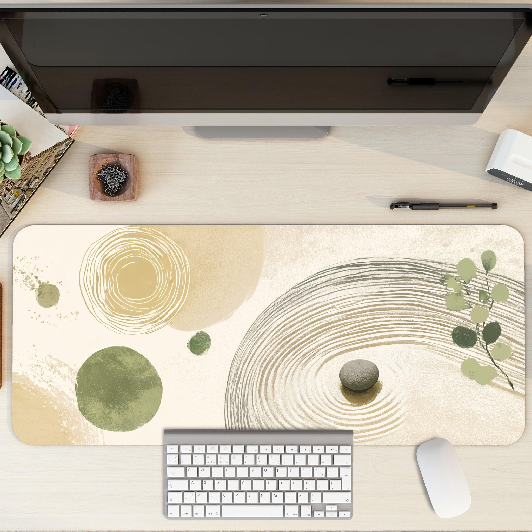 Sage Green Zen Circle Desk Mat | Watercolor Boho Mouse Pad with Spiral Sand Patterns