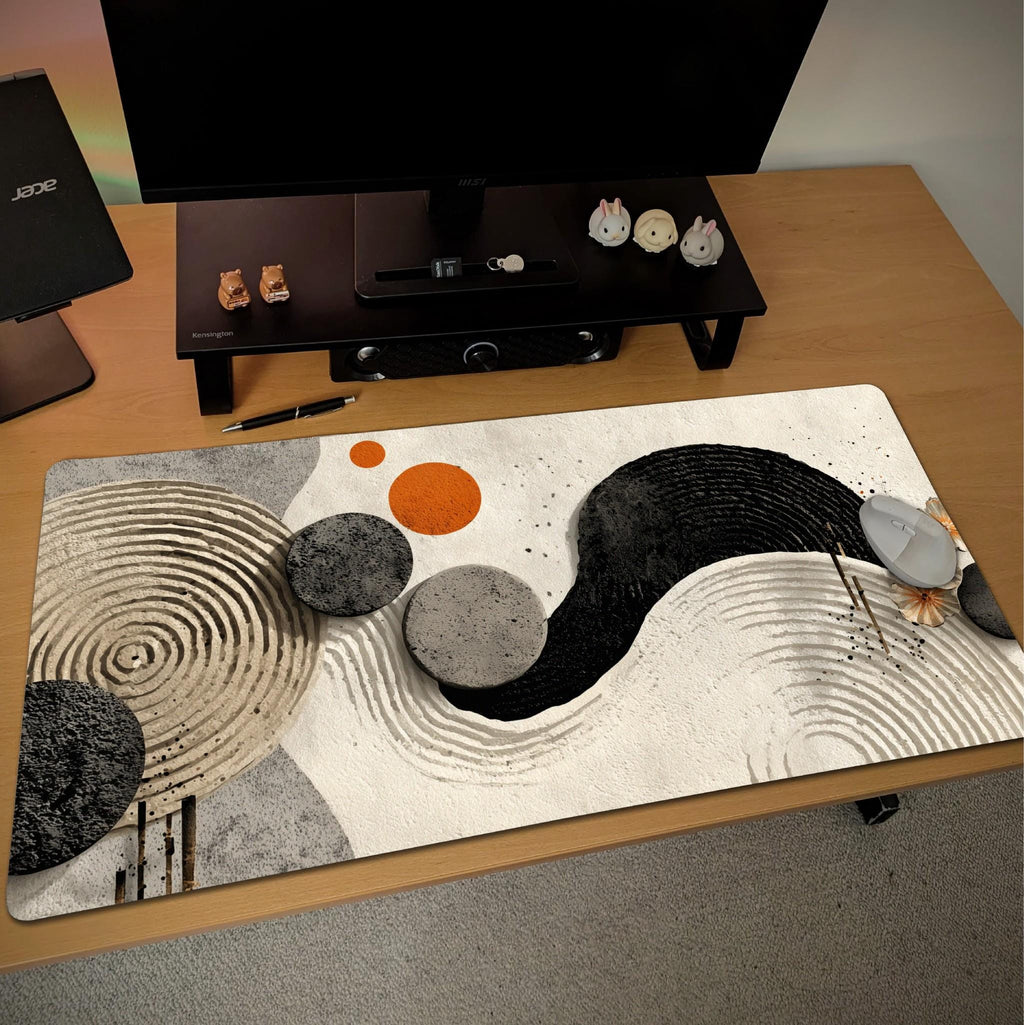 Abstract Zen Desk Mat | Minimalist Mouse Pad with Organic Shapes in Neutral Tones, Japanese Inspired Desk Decor