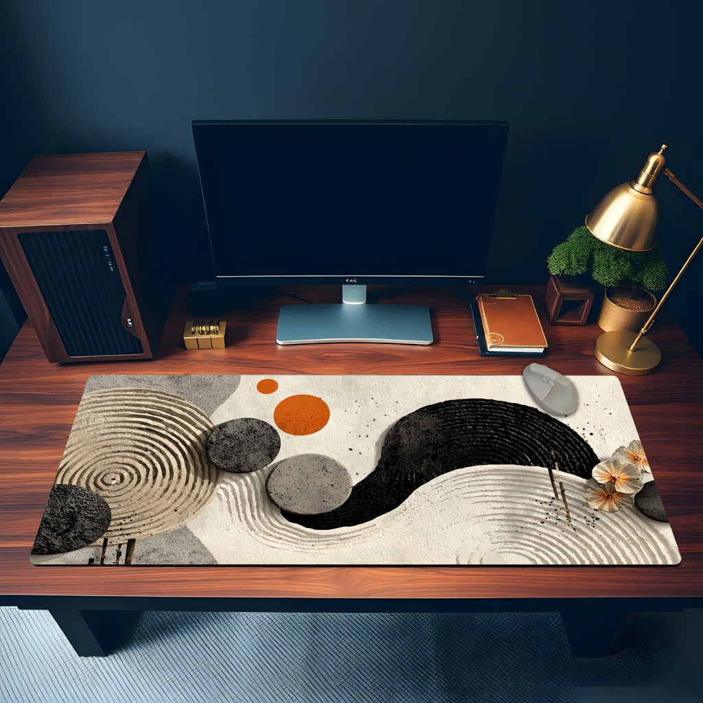 Abstract Zen Desk Mat | Minimalist Mouse Pad with Organic Shapes in Neutral Tones, Japanese Inspired Desk Decor