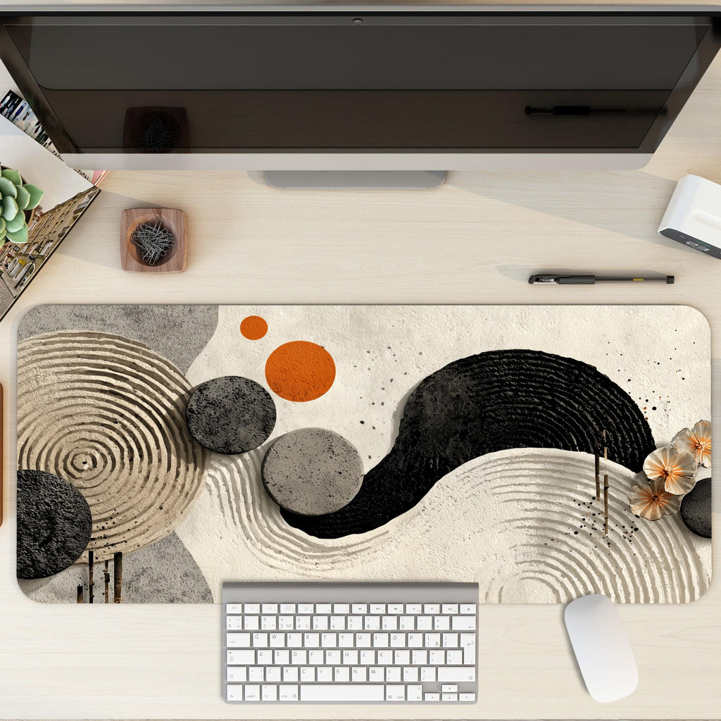 Abstract Zen Desk Mat | Minimalist Mouse Pad with Organic Shapes in Neutral Tones, Japanese Inspired Desk Decor