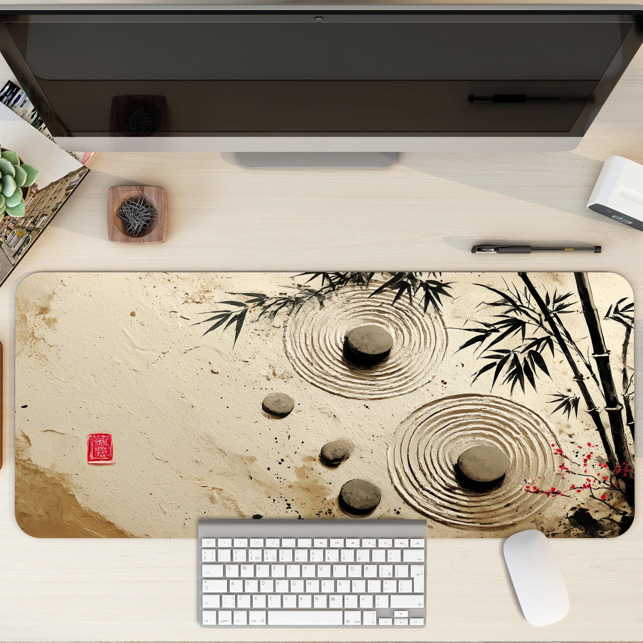 Bamboo Zen Japan Desk Mat | Large Mouse Pad with Japanese Meditation theme Design