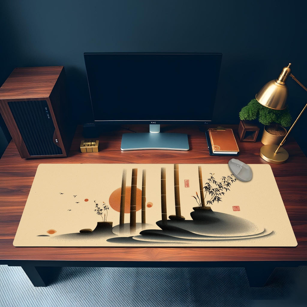 Japanese Bamboo Japanese Desk Mat | Minimalist Art Mouse Pad | Beige Black Orange Ink Art for Aesthetic Workspace & Office
