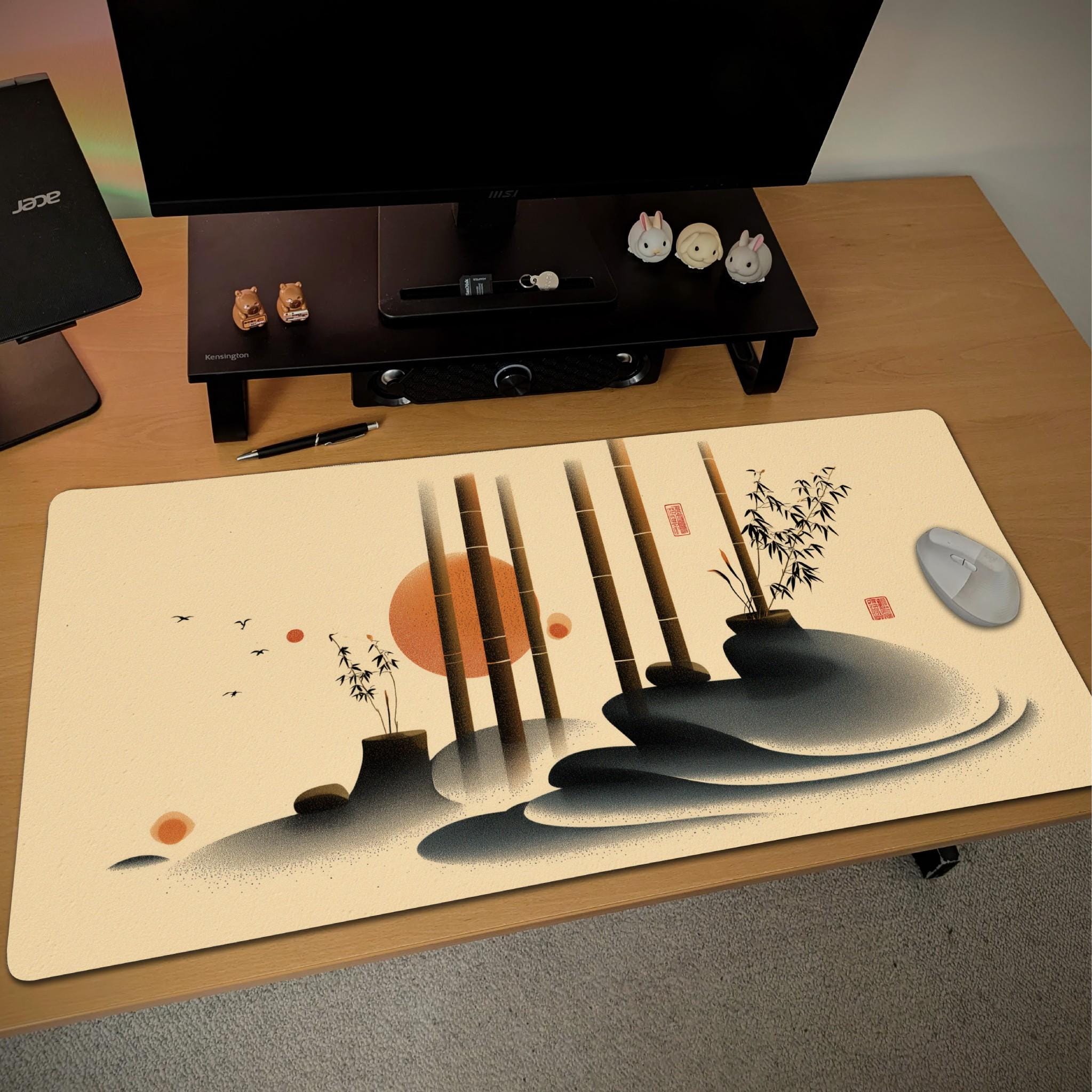 Japanese Bamboo Japanese Desk Mat | Minimalist Art Mouse Pad | Beige Black Orange Ink Art for Aesthetic Workspace & Office