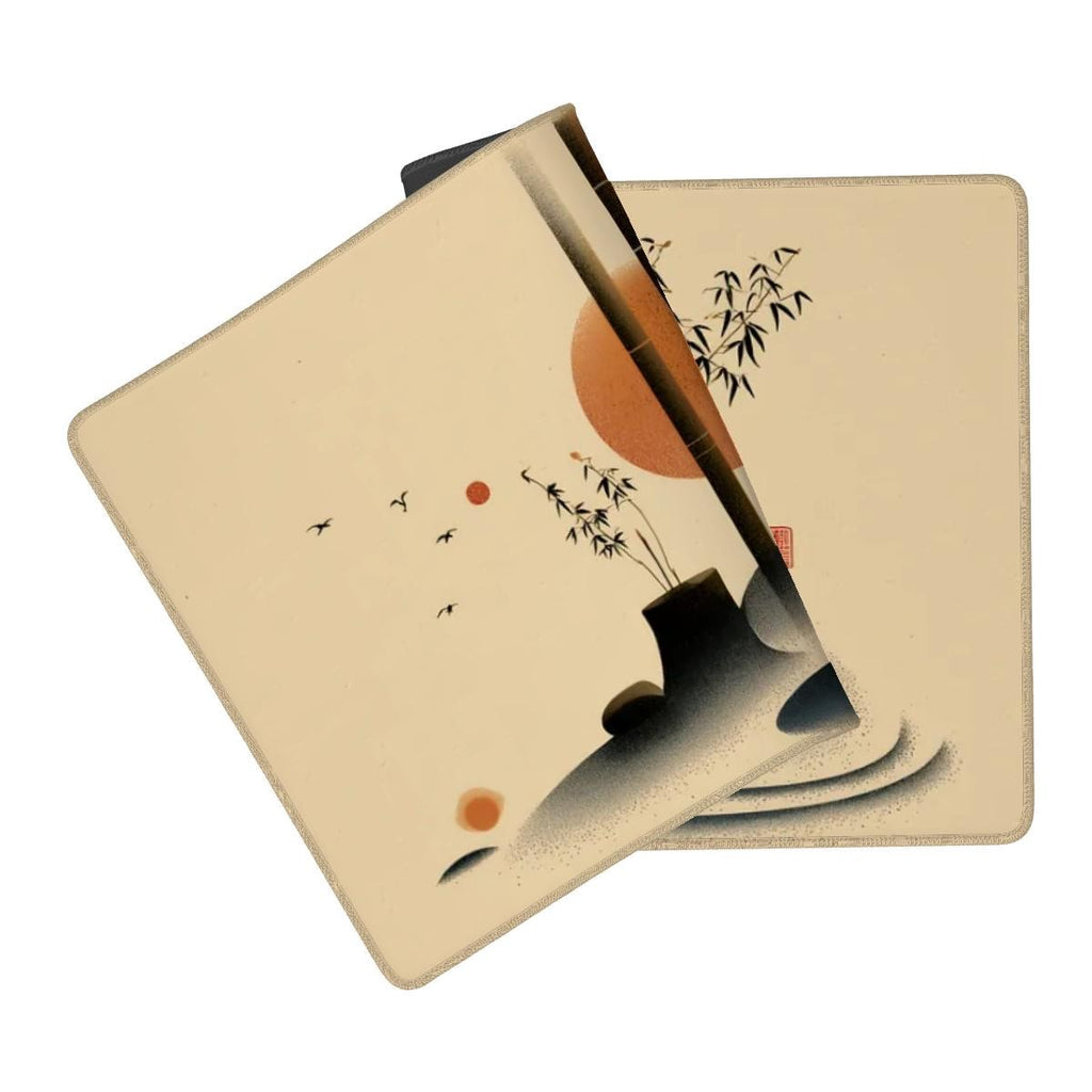 Japanese Bamboo Japanese Desk Mat | Minimalist Art Mouse Pad | Beige Black Orange Ink Art for Aesthetic Workspace & Office