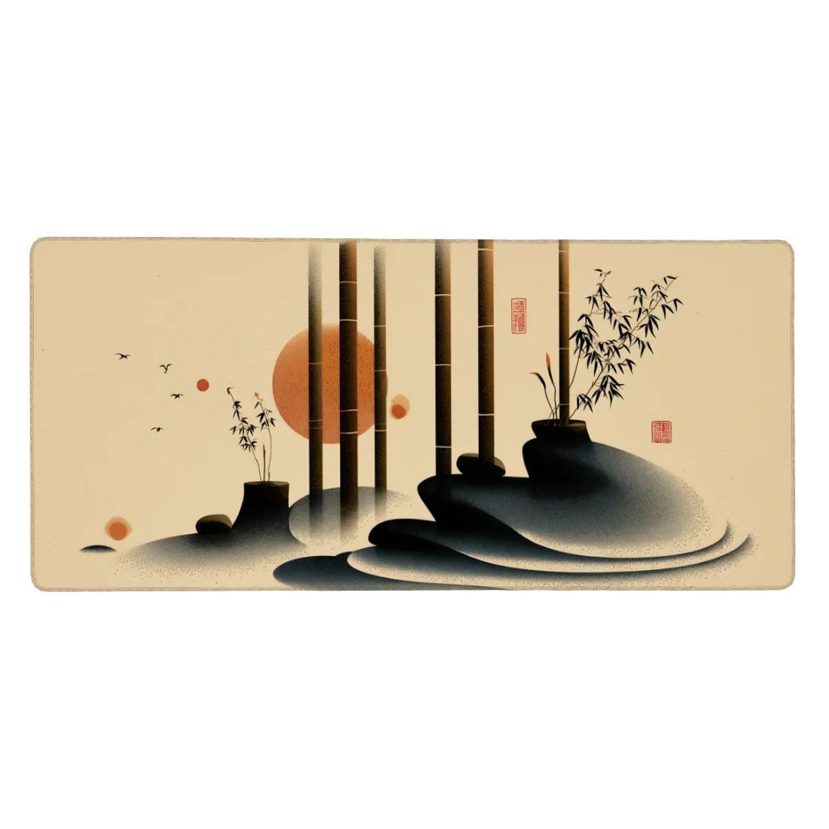 Japanese Bamboo Japanese Desk Mat | Minimalist Art Mouse Pad | Beige Black Orange Ink Art for Aesthetic Workspace & Office