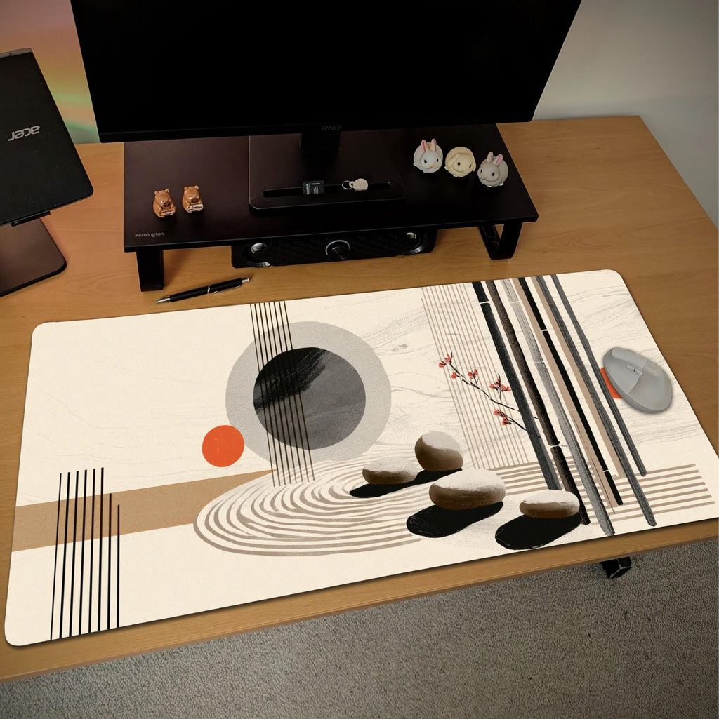 Modern Zen Garden Desk Mat - Contemporary Boho x Japanese Stone Mouse Pad with Orange Accents