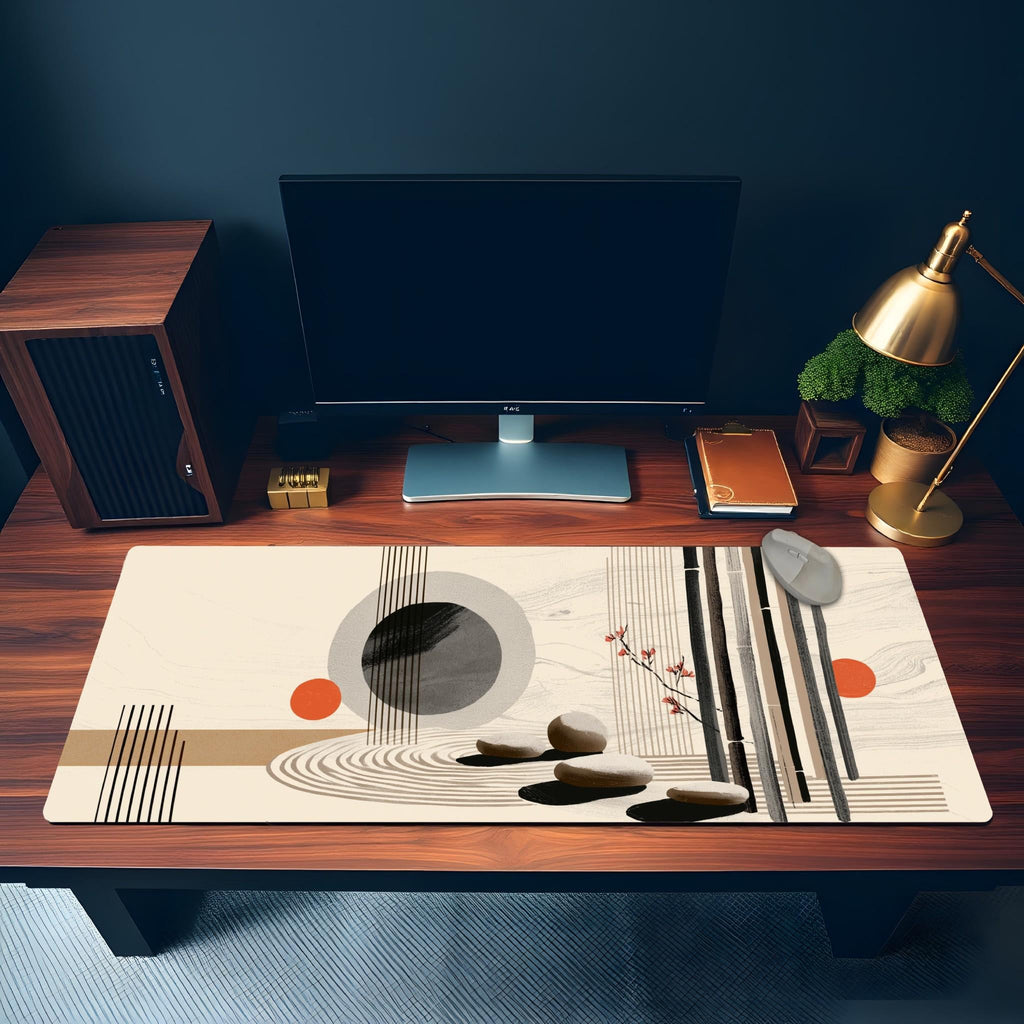 Modern Zen Garden Desk Mat - Contemporary Boho x Japanese Stone Mouse Pad with Orange Accents