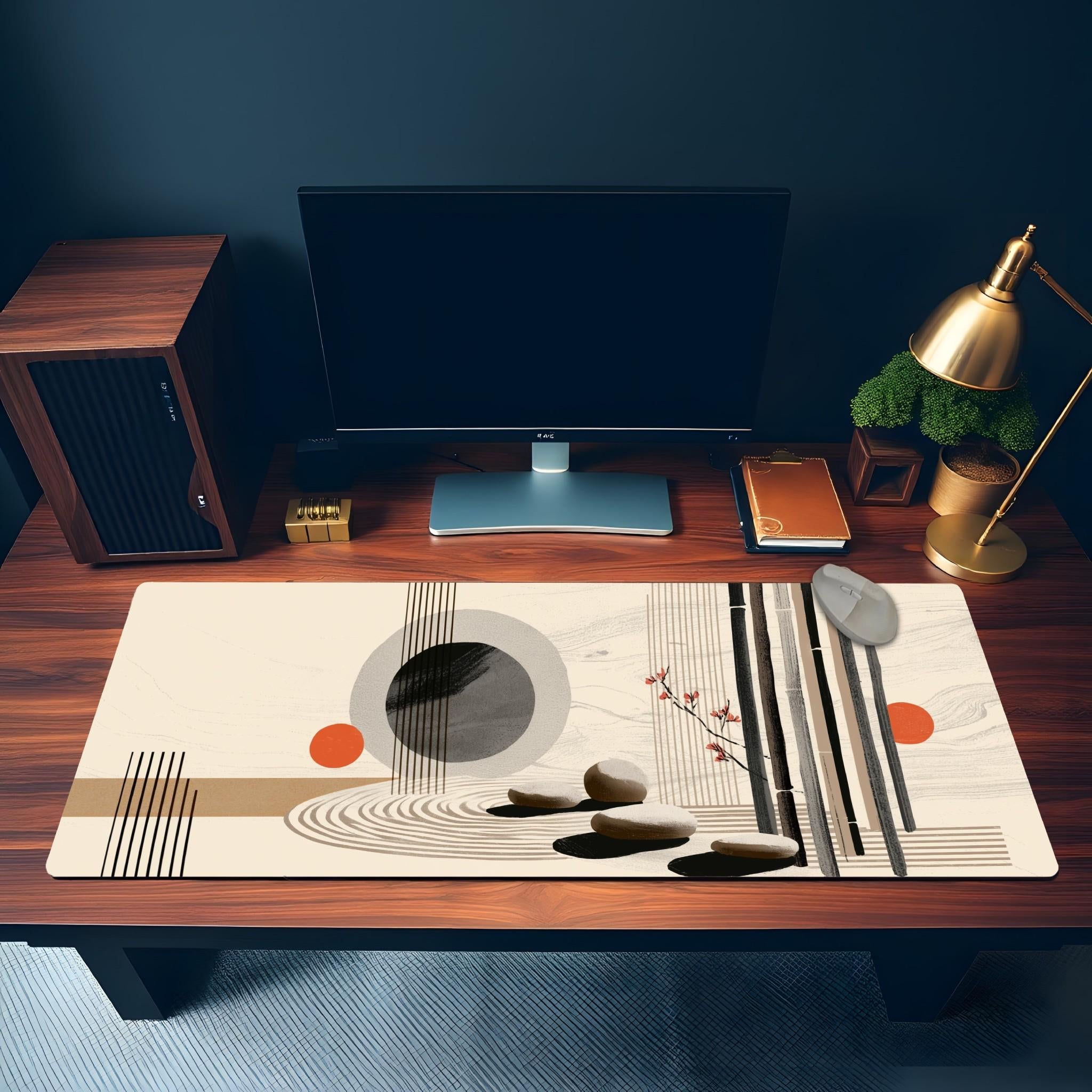 Modern Zen Garden Desk Mat - Contemporary Boho x Japanese Stone Mouse Pad with Orange Accents