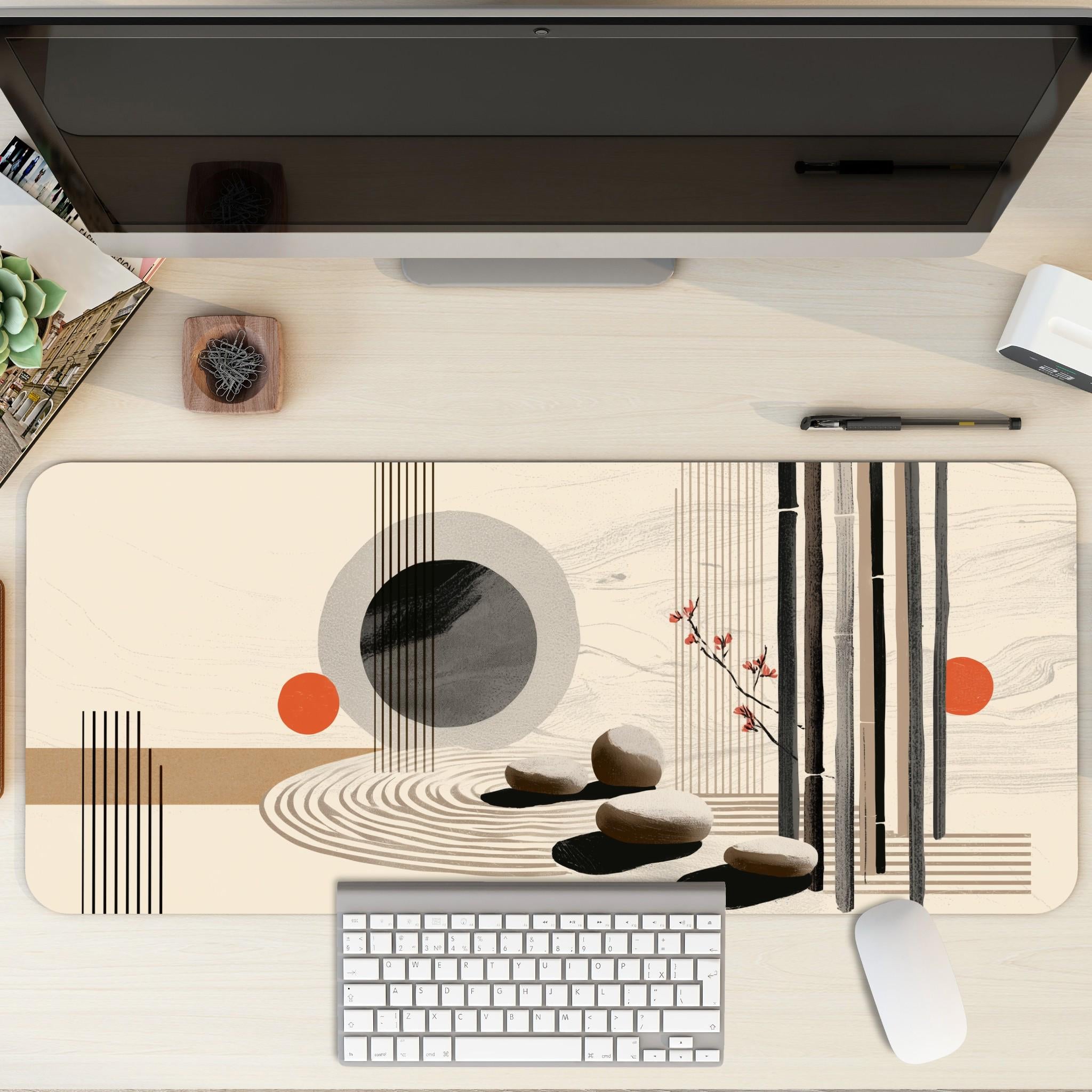 Modern Zen Garden Desk Mat - Contemporary Boho x Japanese Stone Mouse Pad with Orange Accents