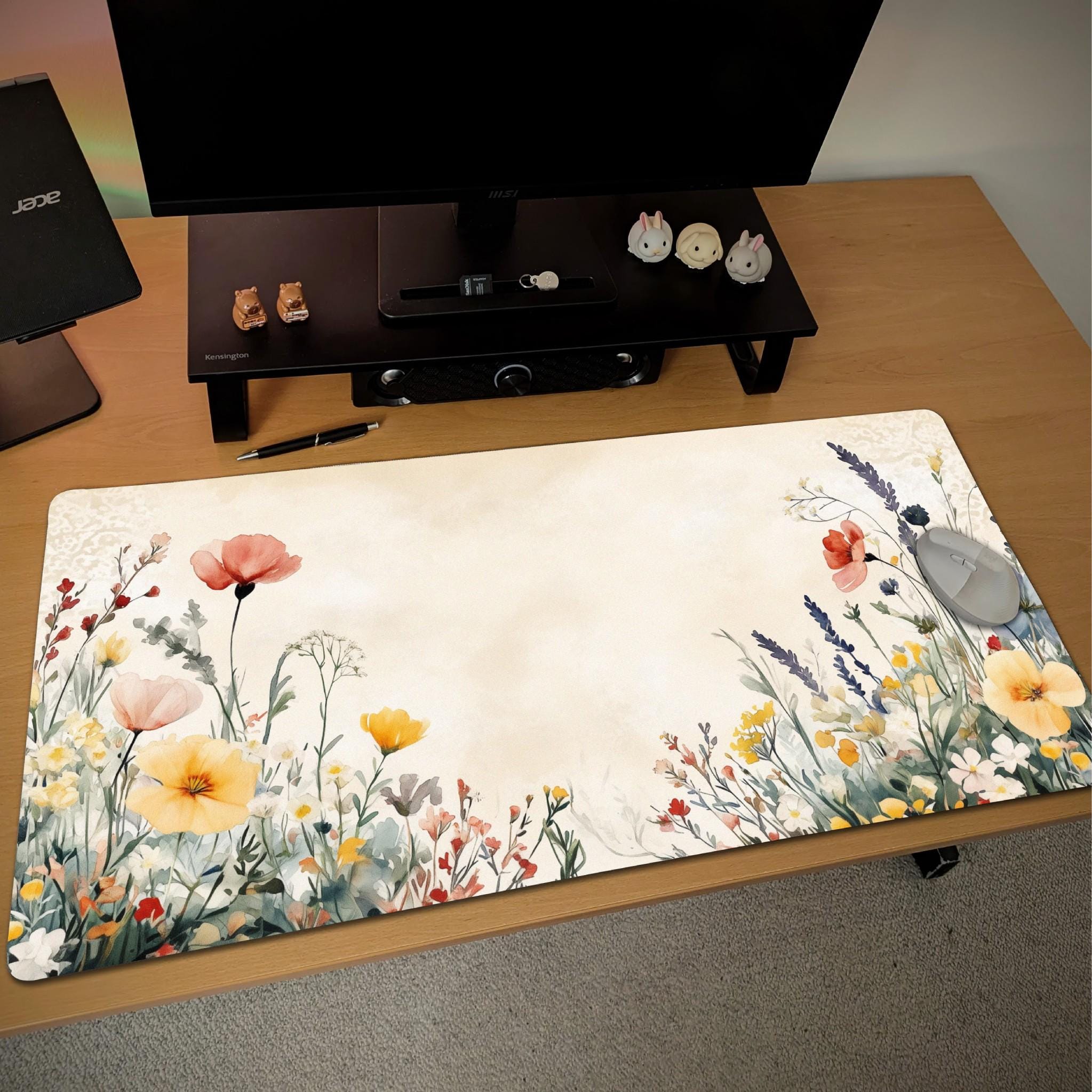 Cottagecore Wildflower Desk Mat | Large Floral Mouse Pad | Watercolor Botanical Desk Pad for Cozy Aesthetic Home Office