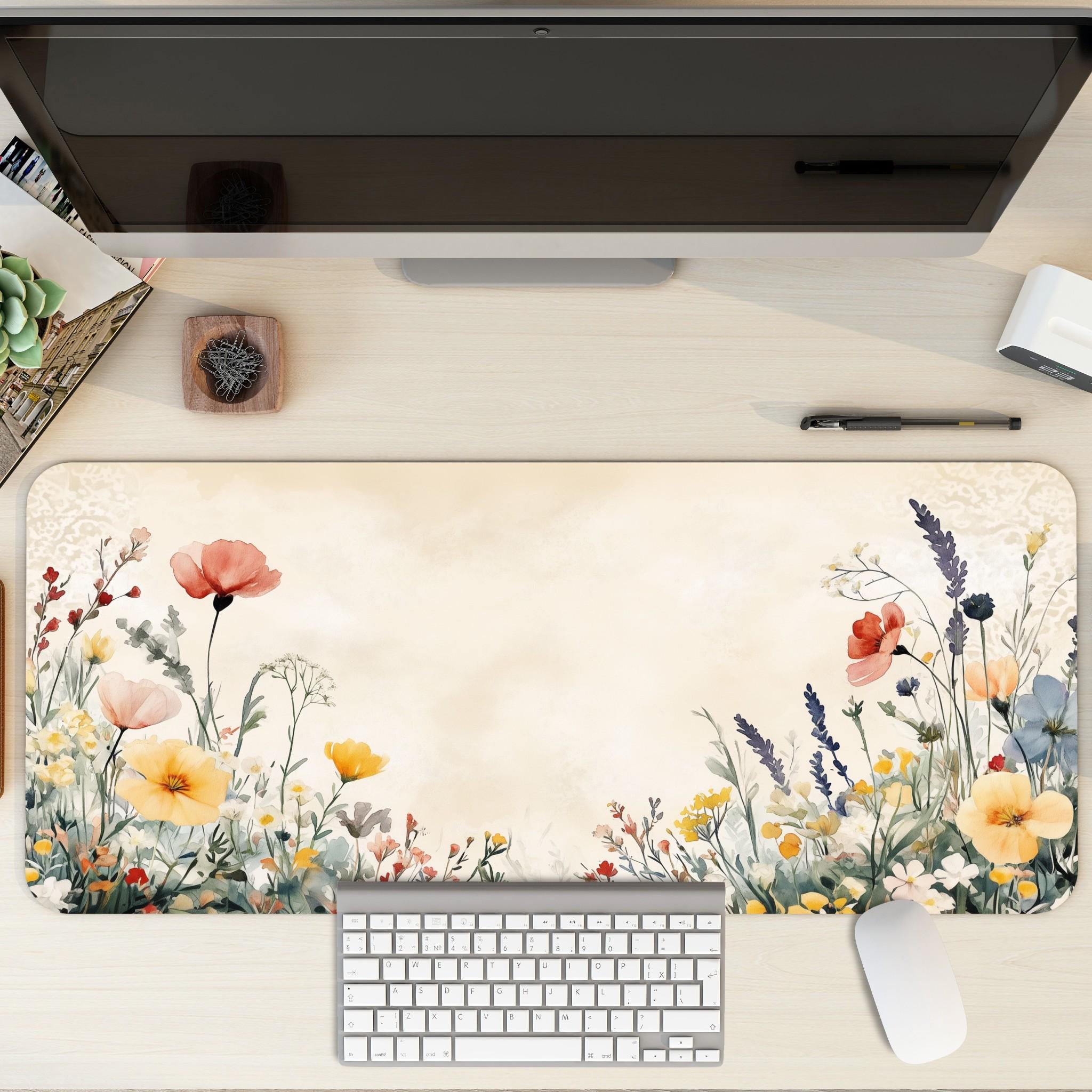 Cottagecore Wildflower Desk Mat | Large Floral Mouse Pad | Watercolor Botanical Desk Pad for Cozy Aesthetic Home Office