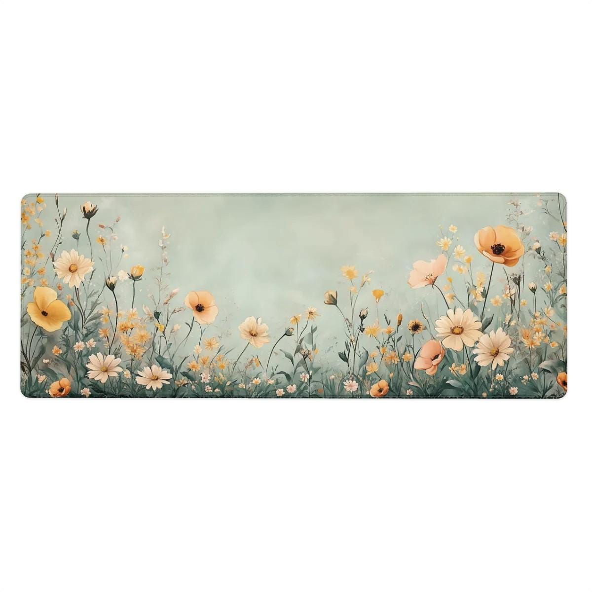Green Floral Meadow Desk Mat | Large Cottagecore Mouse Pad | Soft Yellow Botanical Desk Pad for Cozy Aesthetic Office