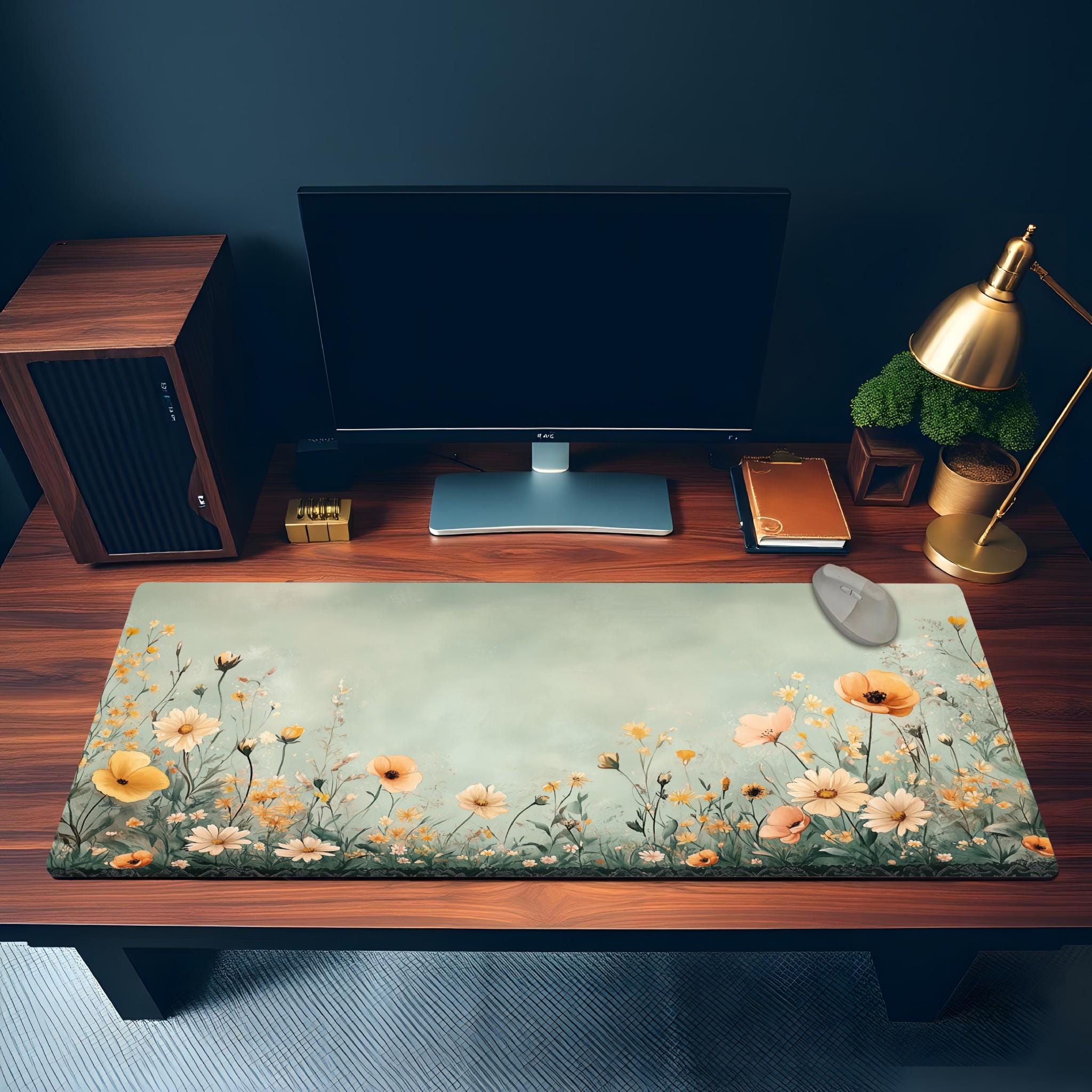 Green Floral Meadow Desk Mat | Large Cottagecore Mouse Pad | Soft Yellow Botanical Desk Pad for Cozy Aesthetic Office