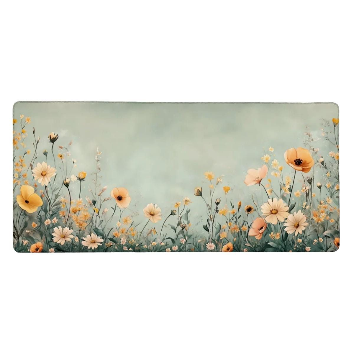 Green Floral Meadow Desk Mat | Large Cottagecore Mouse Pad | Soft Yellow Botanical Desk Pad for Cozy Aesthetic Office