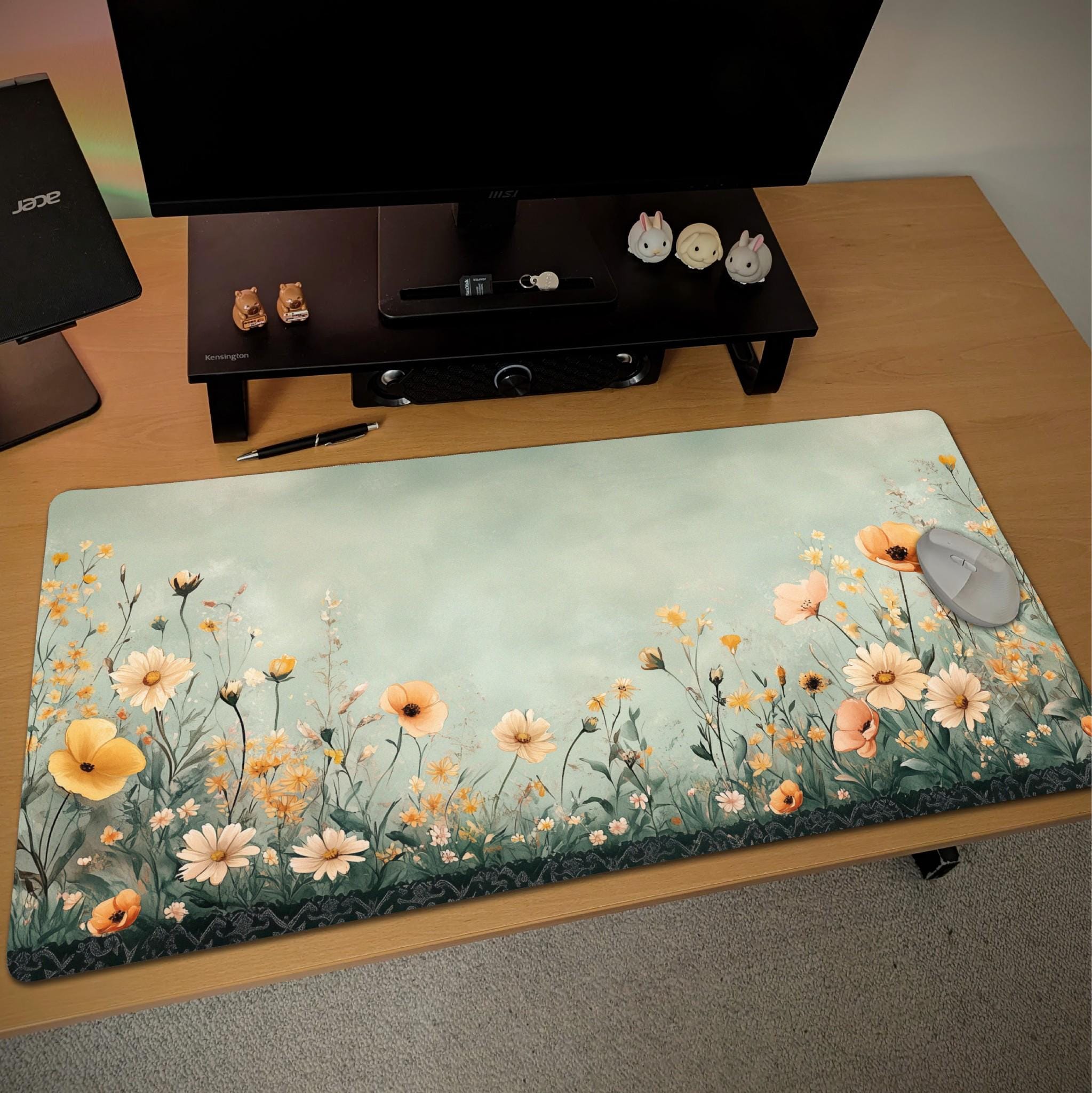 Green Floral Meadow Desk Mat | Large Cottagecore Mouse Pad | Soft Yellow Botanical Desk Pad for Cozy Aesthetic Office