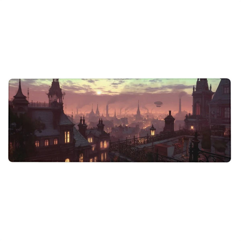 Fantasy Skyline Mouse Pad | Large Rooftop Desk Mat | Steampunk Cityscape Desk Pad for Gamers, TCG and RPG theme