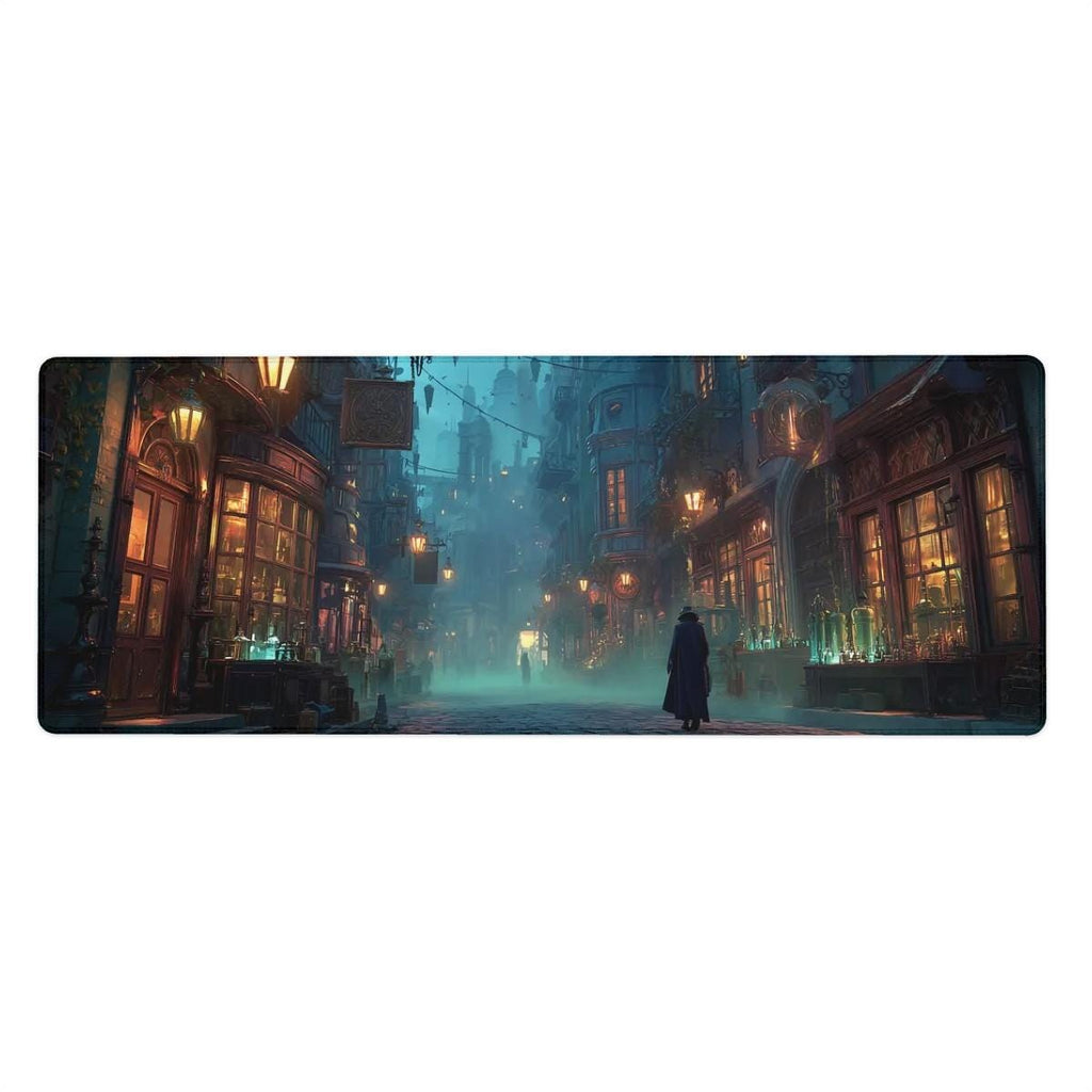 Dark Gothic City Desk Mat | Victorian Cobblestone, Green Gaslamp Fantasy Alley Desk Pad, RPG Art for Office and Gaming Setup