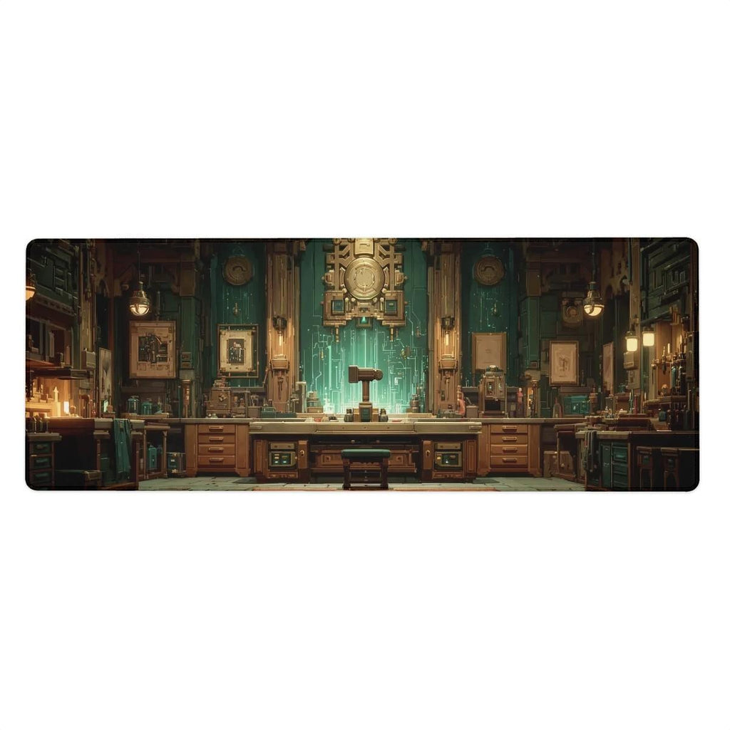 Steampunk Magic Workshop Desk Mat | Fantasy Gaming Mouse Pad with Victorian Lab Scene in Teal and Bronze, RPG Aesthetics Desk and Gaming Pad