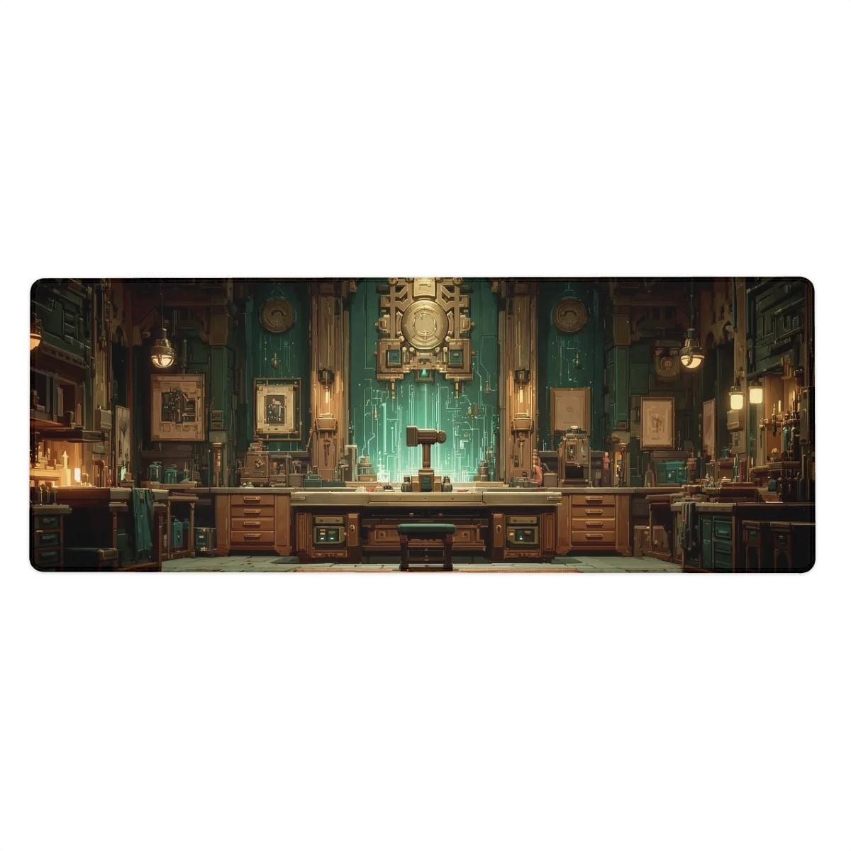 Steampunk Magic Workshop Desk Mat | Fantasy Gaming Mouse Pad with Victorian Lab Scene in Teal and Bronze, RPG Aesthetics Desk and Gaming Pad