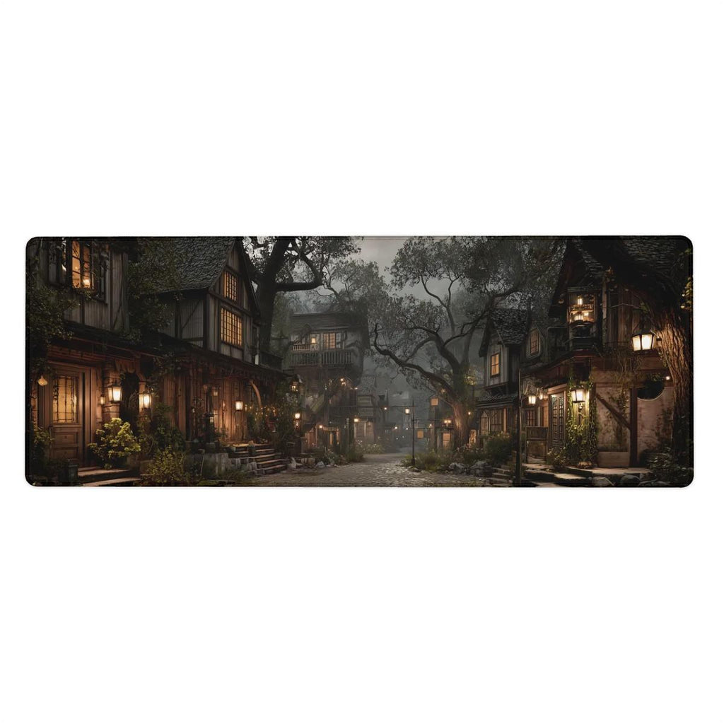 Misty Medieval Village Desk Mat | RPG Story Fantasy Mouse Pad with Warm Lanterns and Cobblestone in Autumn Colors