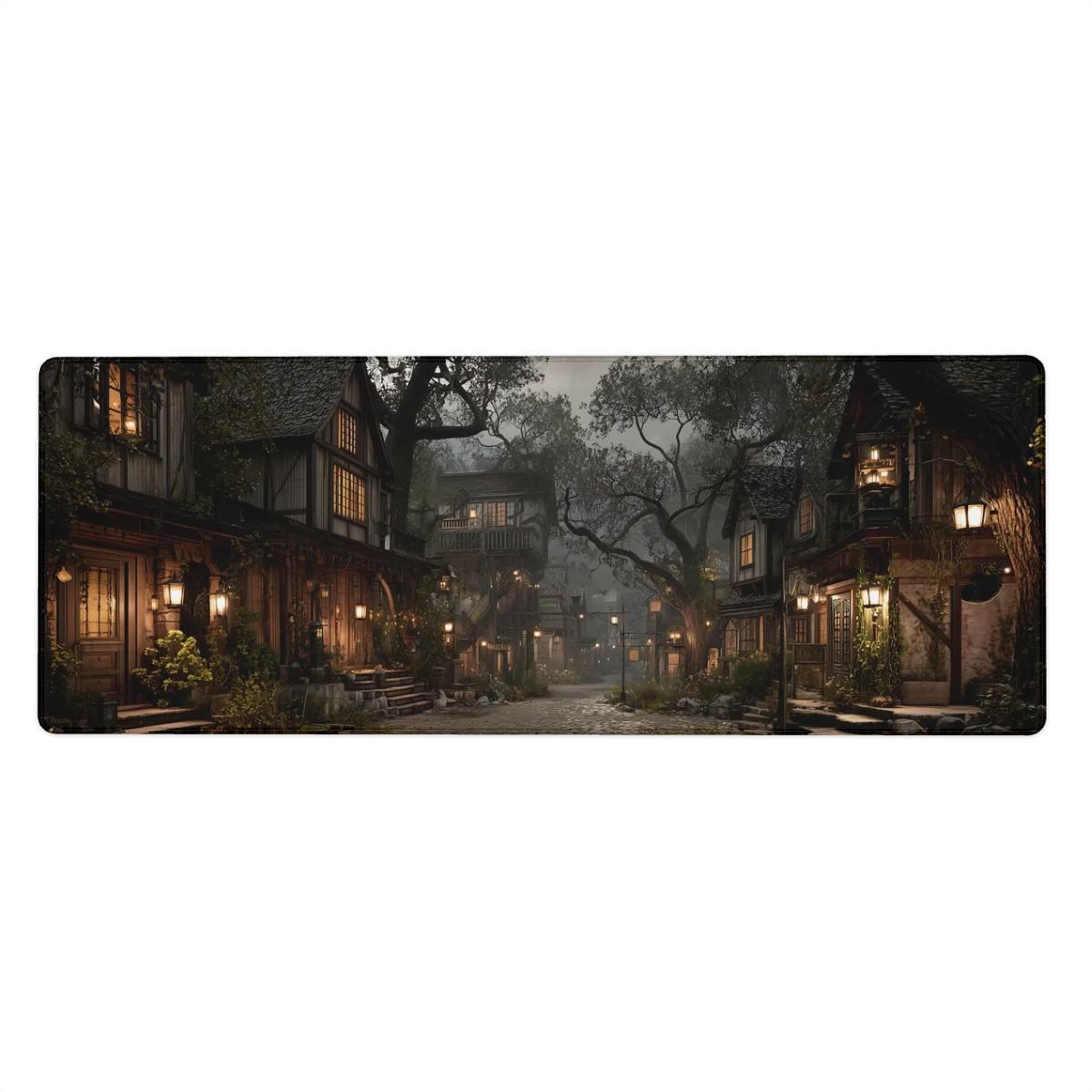Misty Medieval Village Desk Mat | RPG Story Fantasy Mouse Pad with Warm Lanterns and Cobblestone in Autumn Colors