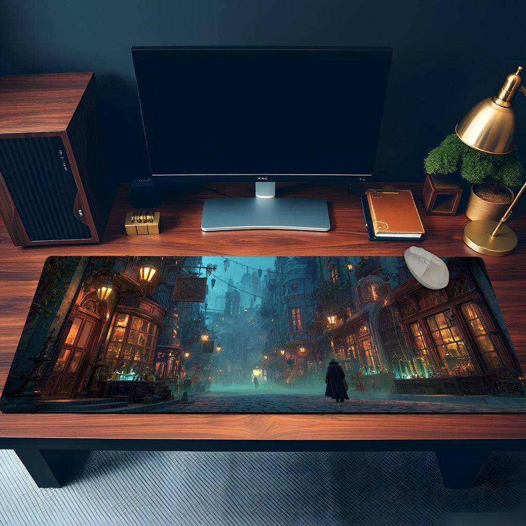 Dark Gothic City Desk Mat | Victorian Cobblestone, Green Gaslamp Fantasy Alley Desk Pad, RPG Art for Office and Gaming Setup