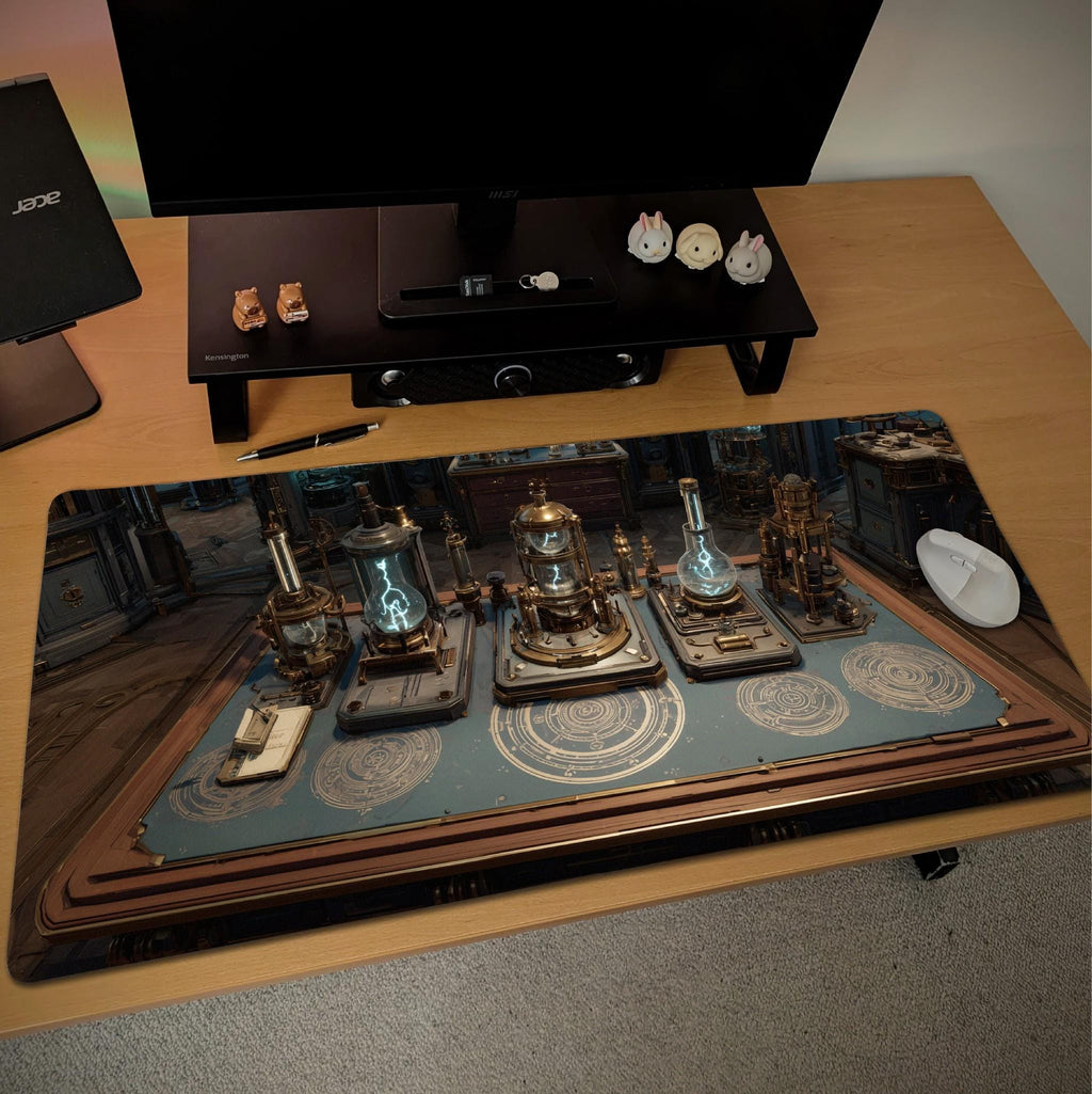 Alchemist Lab Desk Mat | Steampunk Magic Science Mouse Pad, Glowing Apparatus and Arcane Circles in Teal Bronze | Large Art Desk Pad