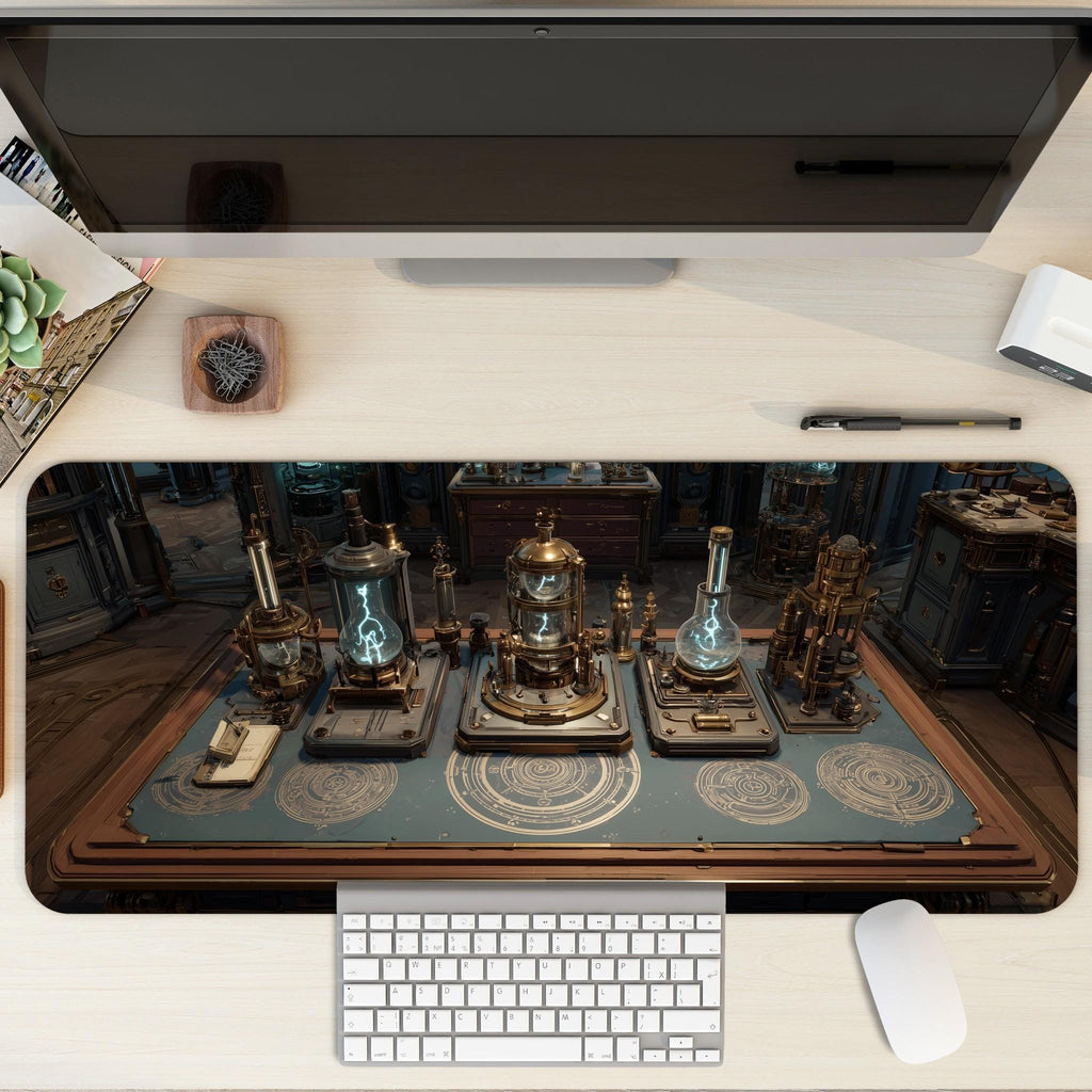Alchemist Lab Desk Mat | Steampunk Magic Science Mouse Pad, Glowing Apparatus and Arcane Circles in Teal Bronze | Large Art Desk Pad