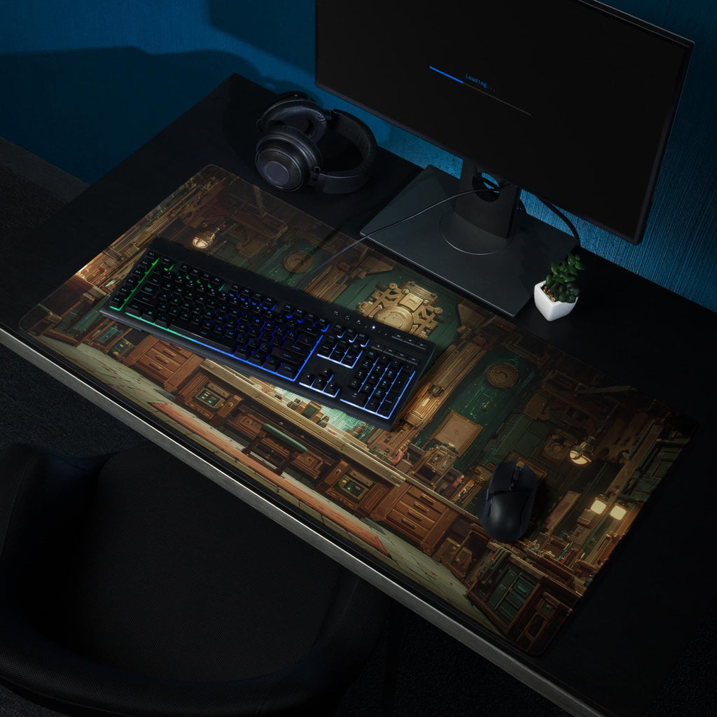 Steampunk Magic Workshop Desk Mat | Fantasy Gaming Mouse Pad with Victorian Lab Scene in Teal and Bronze, RPG Aesthetics Desk and Gaming Pad