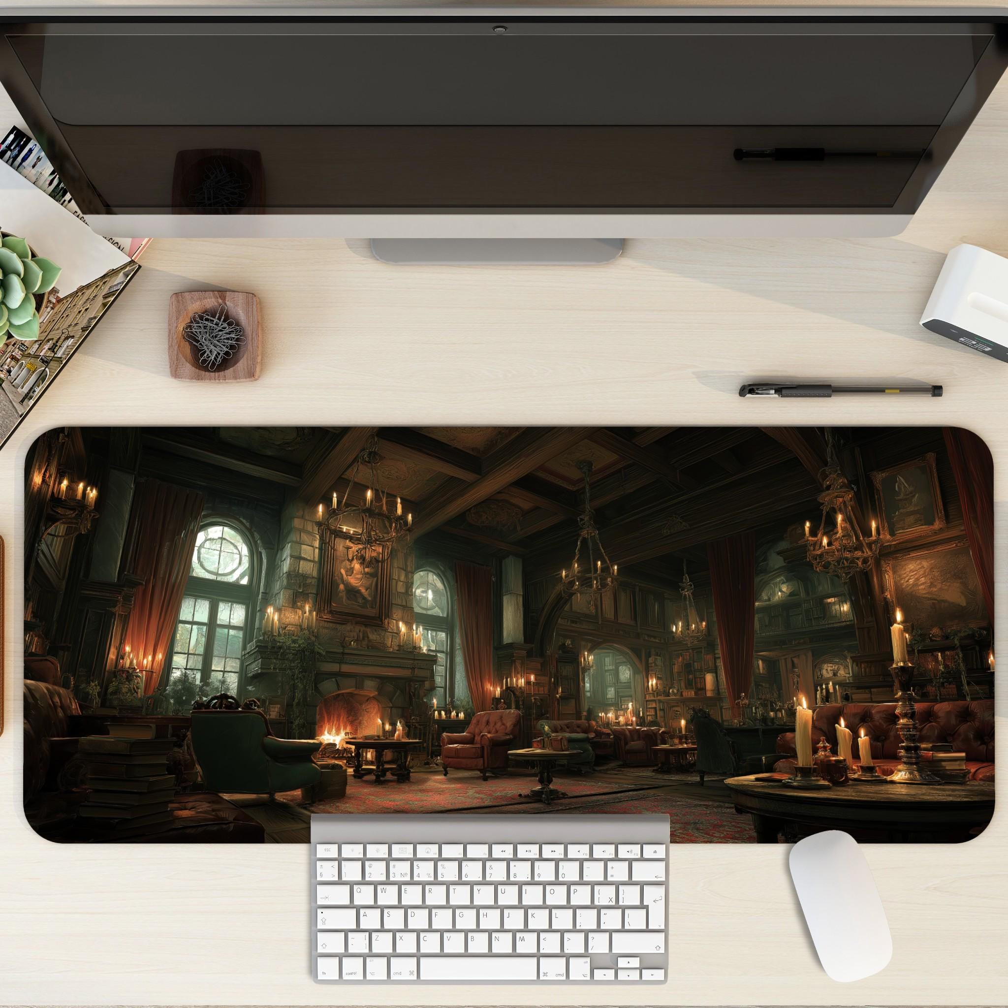 Gothic Manor Library Desk Mat | Dark Academia Mouse Pad with Vintage Study Room Scene in Rich Amber and Forest Green | Mystery Fantasy Art