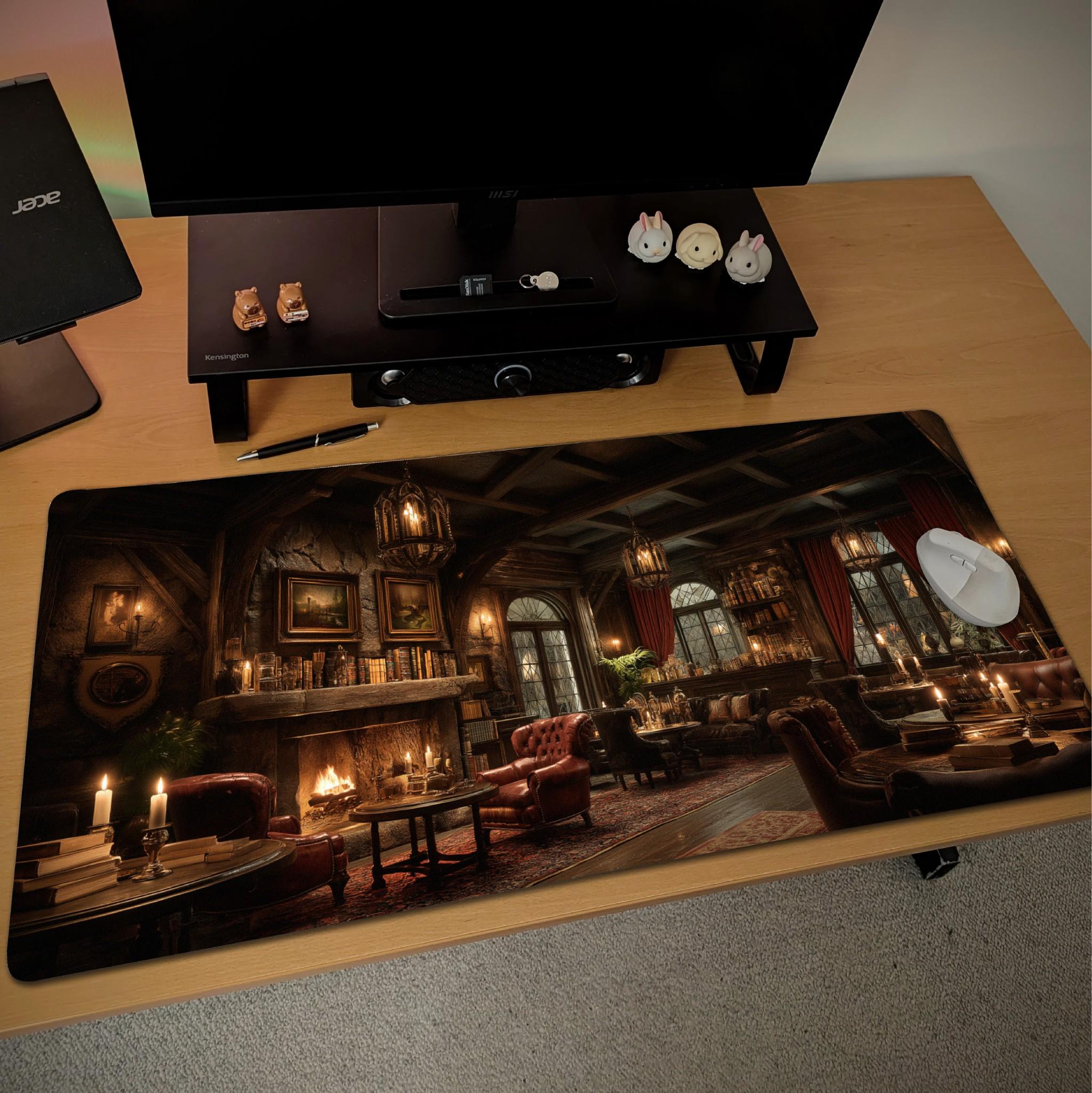 Speakeasy Lounge Desk Mat | Dark Academia Library Mouse Pad,  Vintage Fireplace in Rich Burgundy Brown RPG Fantasy Interior