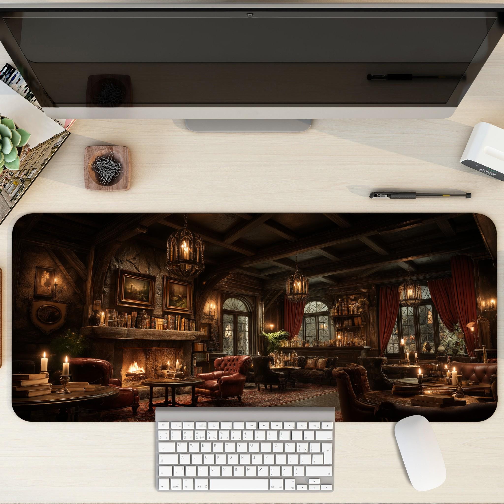 Speakeasy Lounge Desk Mat | Dark Academia Library Mouse Pad,  Vintage Fireplace in Rich Burgundy Brown RPG Fantasy Interior