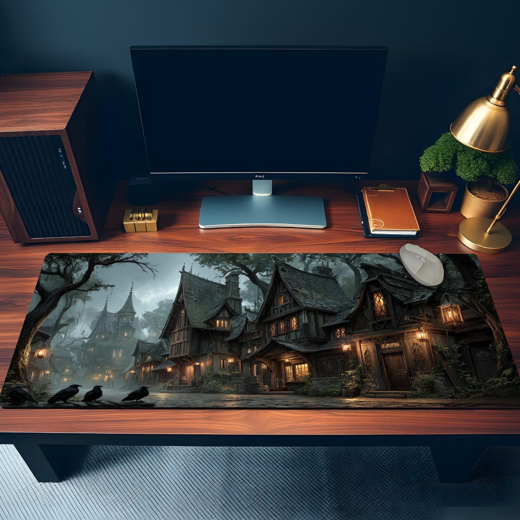 Gothic Witchy Village Desk Mat | Medieval Town Mouse Pad with Ravens and Lantern Light in Moody Gray, Orange Dark Academia tones