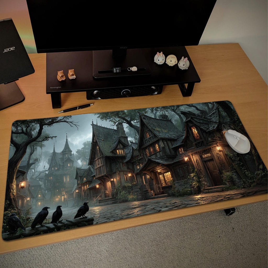 Gothic Witchy Village Desk Mat | Medieval Town Mouse Pad with Ravens and Lantern Light in Moody Gray, Orange Dark Academia tones