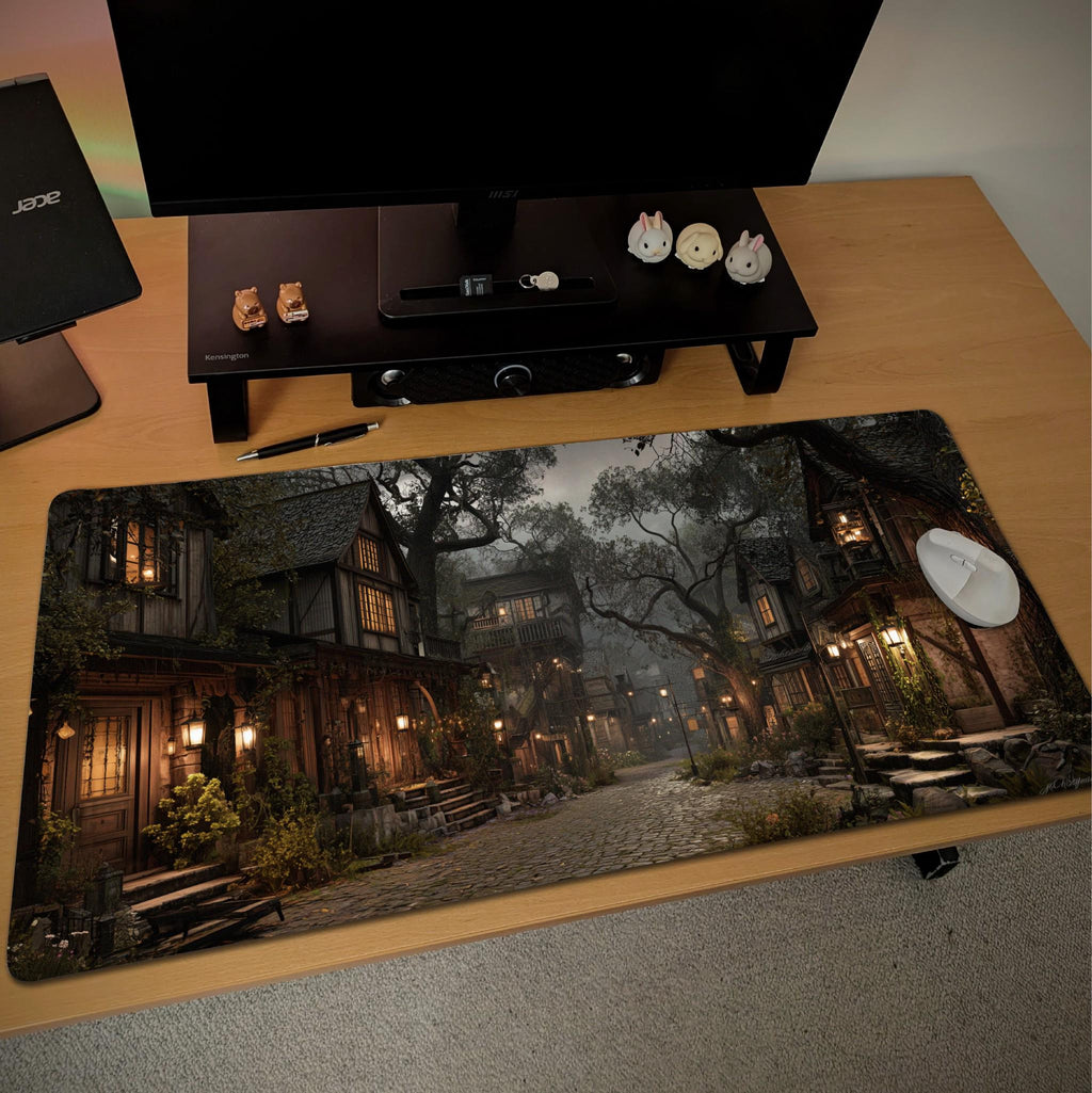 Misty Medieval Village Desk Mat | RPG Story Fantasy Mouse Pad with Warm Lanterns and Cobblestone in Autumn Colors